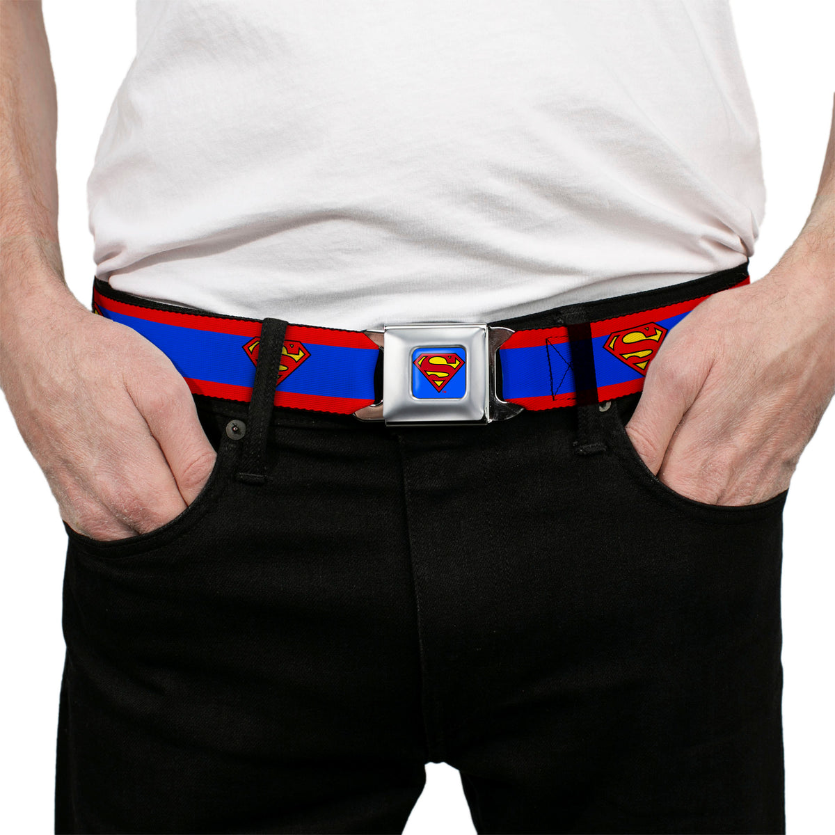 Superman Full Color Blue Seatbelt Belt - Superman Shield/Stripe Red/Blue Webbing Seatbelt Belts DC Comics