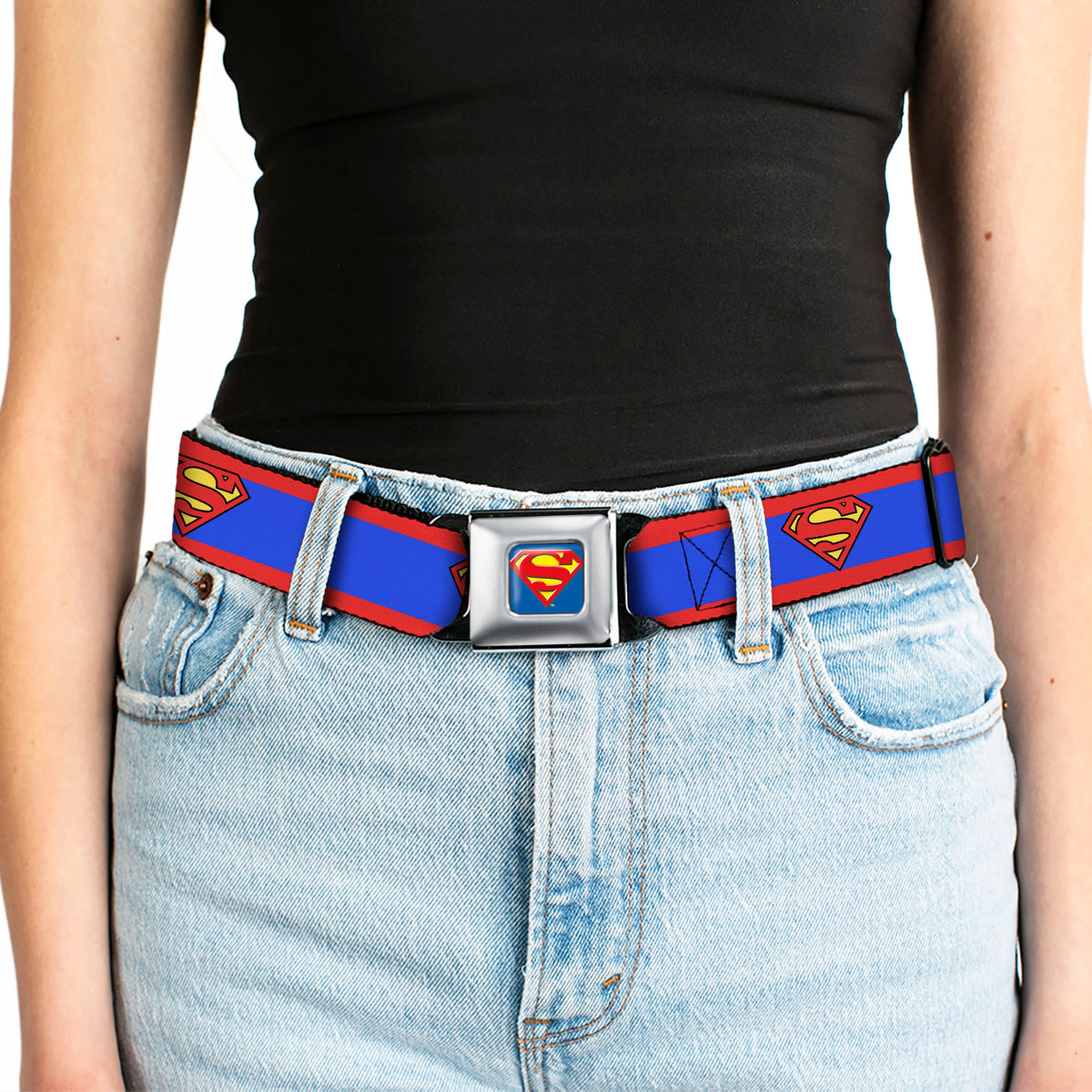 Superman Full Color Blue Seatbelt Belt - Superman Shield/Stripe Red/Blue Webbing Seatbelt Belts DC Comics