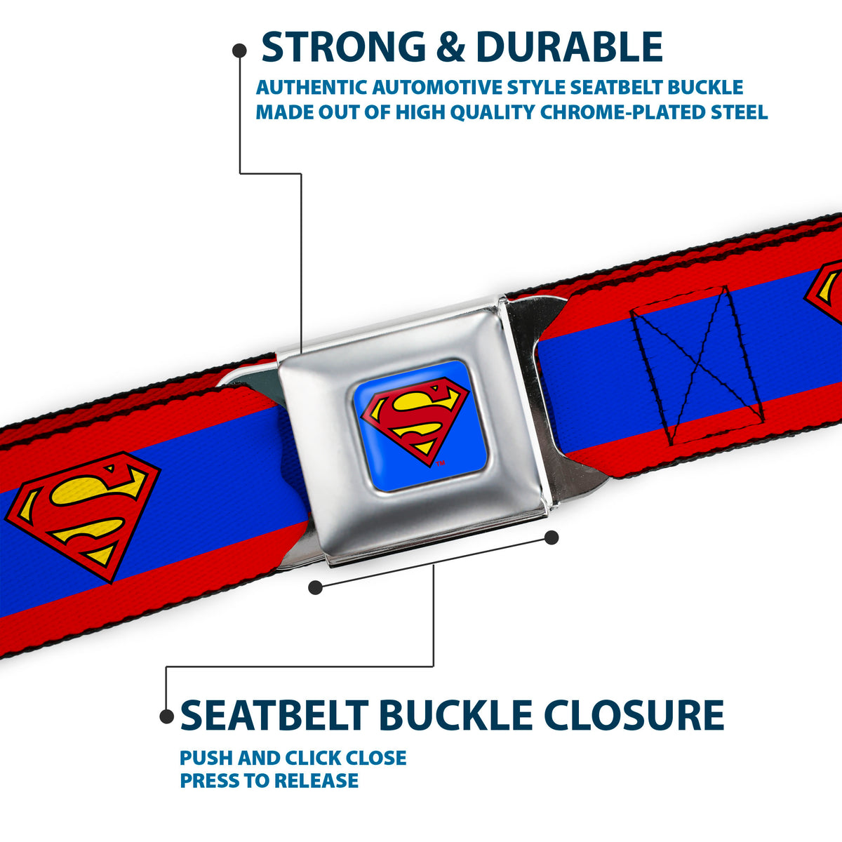 Superman Full Color Blue Seatbelt Belt - Superman Shield/Stripe Red/Blue Webbing Seatbelt Belts DC Comics