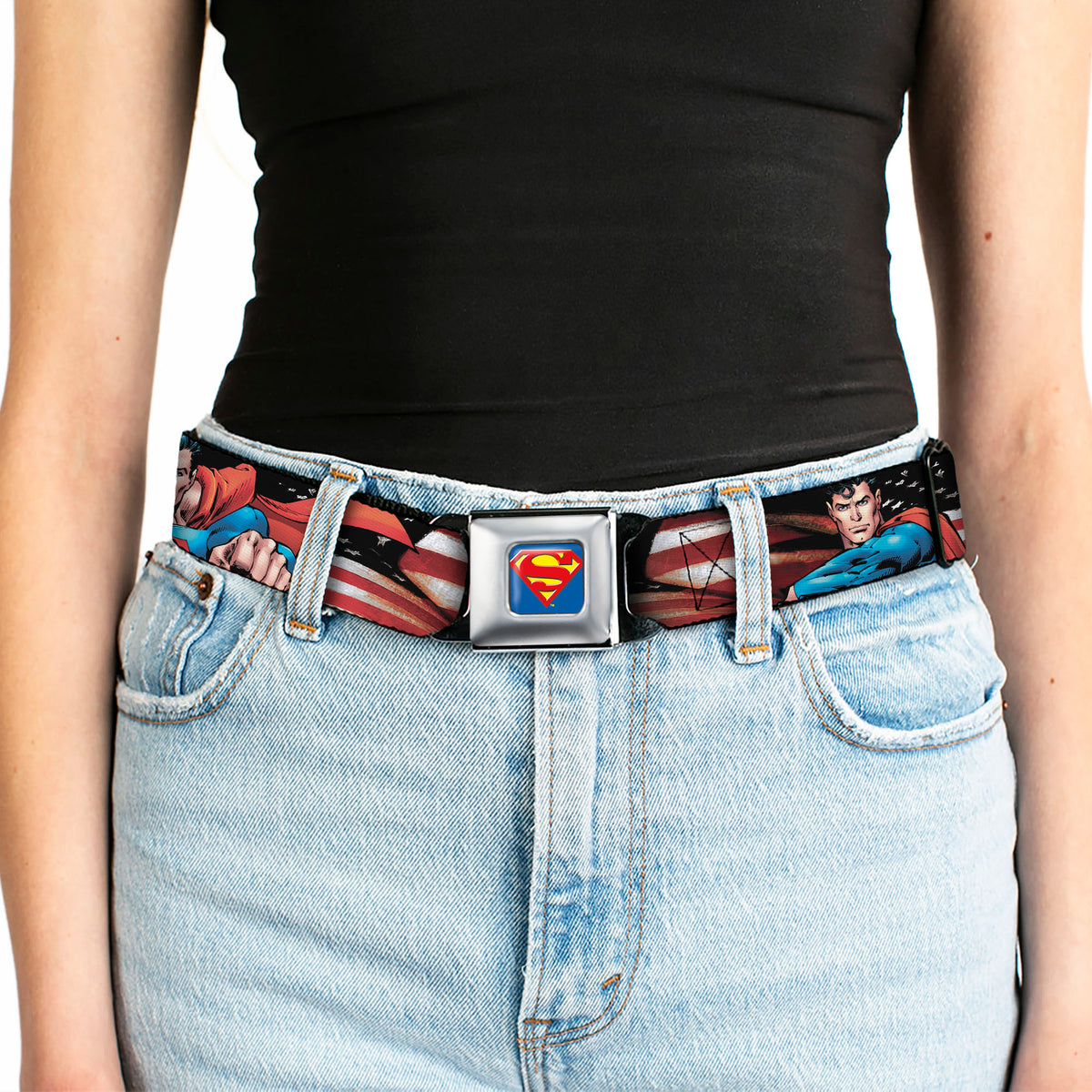 Superman Full Color Blue Seatbelt Belt - Superman Poses/American Flag Webbing Seatbelt Belts DC Comics
