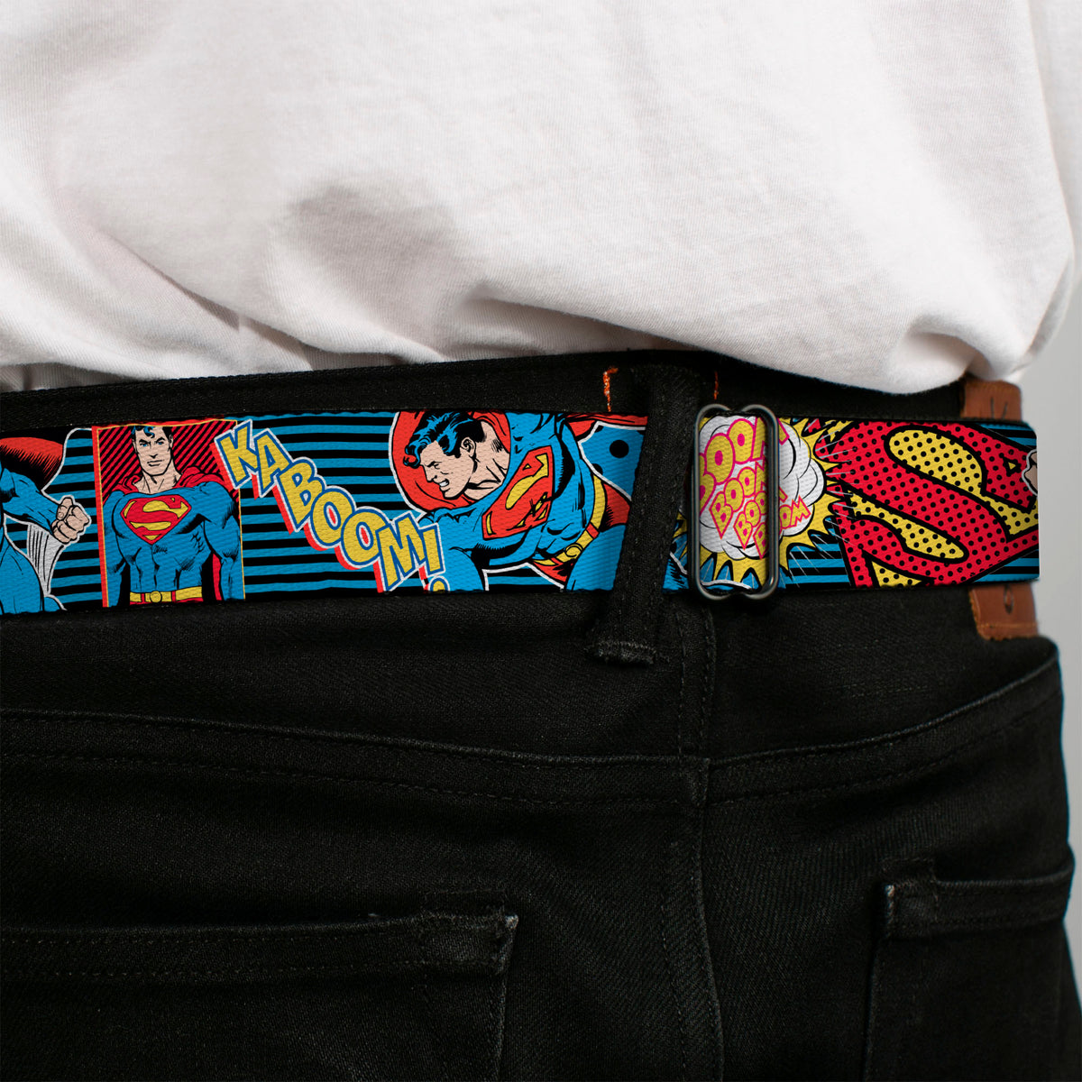Superman Full Color Blue Seatbelt Belt - Superman Logo/Poses/Action Bubbles Pop Collage Blue/Black Webbing Seatbelt Belts DC Comics