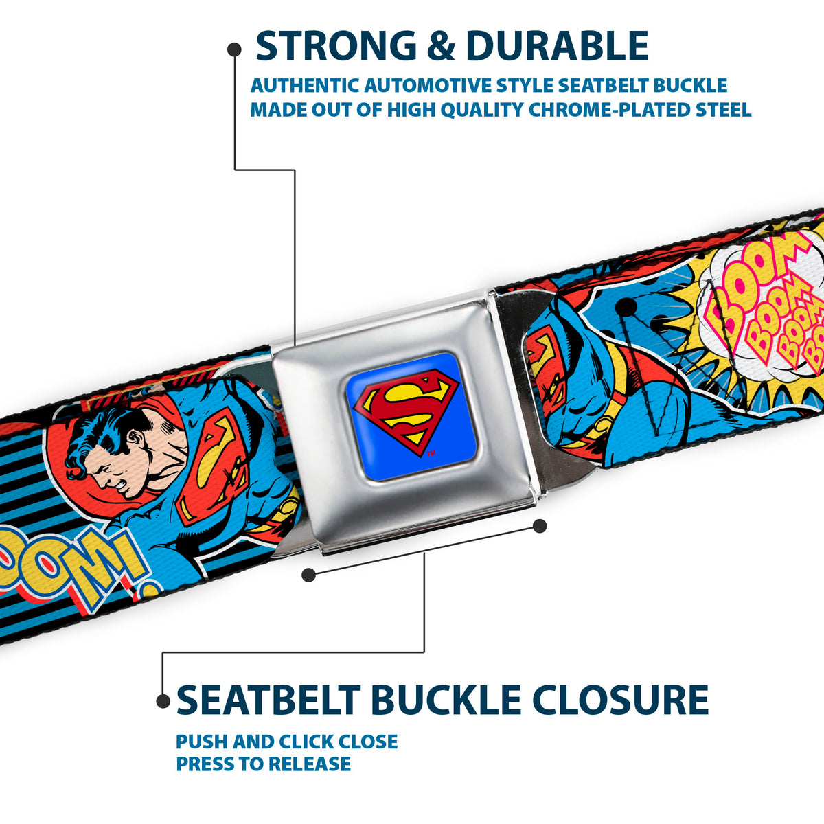 Superman Full Color Blue Seatbelt Belt - Superman Logo/Poses/Action Bubbles Pop Collage Blue/Black Webbing Seatbelt Belts DC Comics