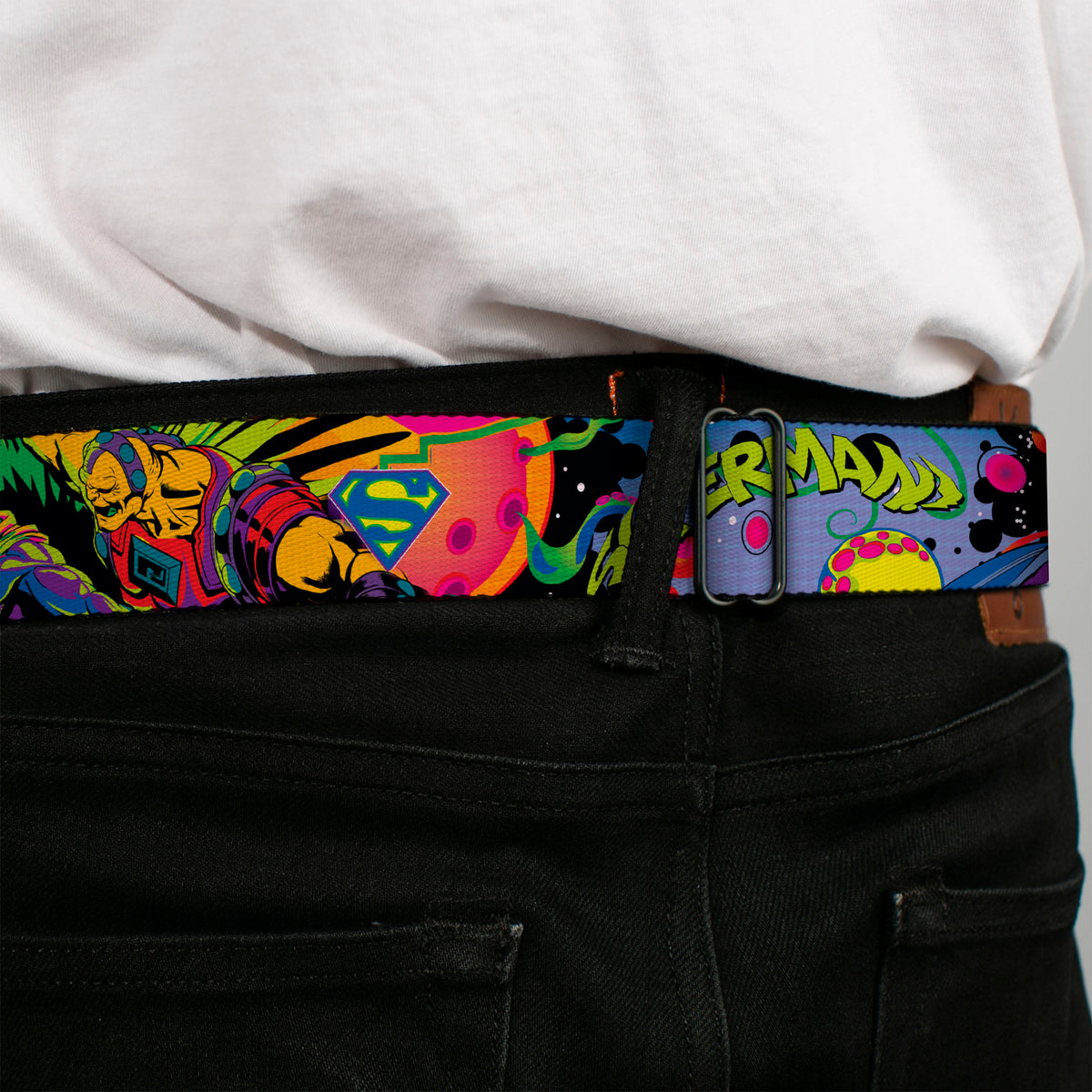 Superman Full Color Blue Seatbelt Belt - SUPERMAN Poses/Battling Mongul Black/Multi Neon Webbing Seatbelt Belts DC Comics