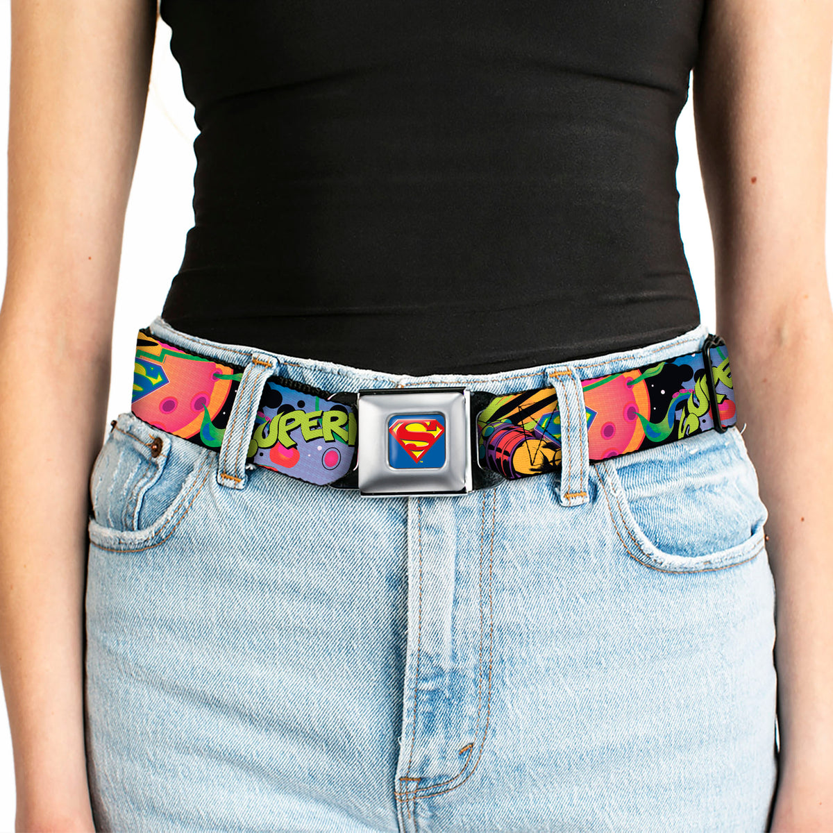 Superman Full Color Blue Seatbelt Belt - SUPERMAN Poses/Battling Mongul Black/Multi Neon Webbing Seatbelt Belts DC Comics