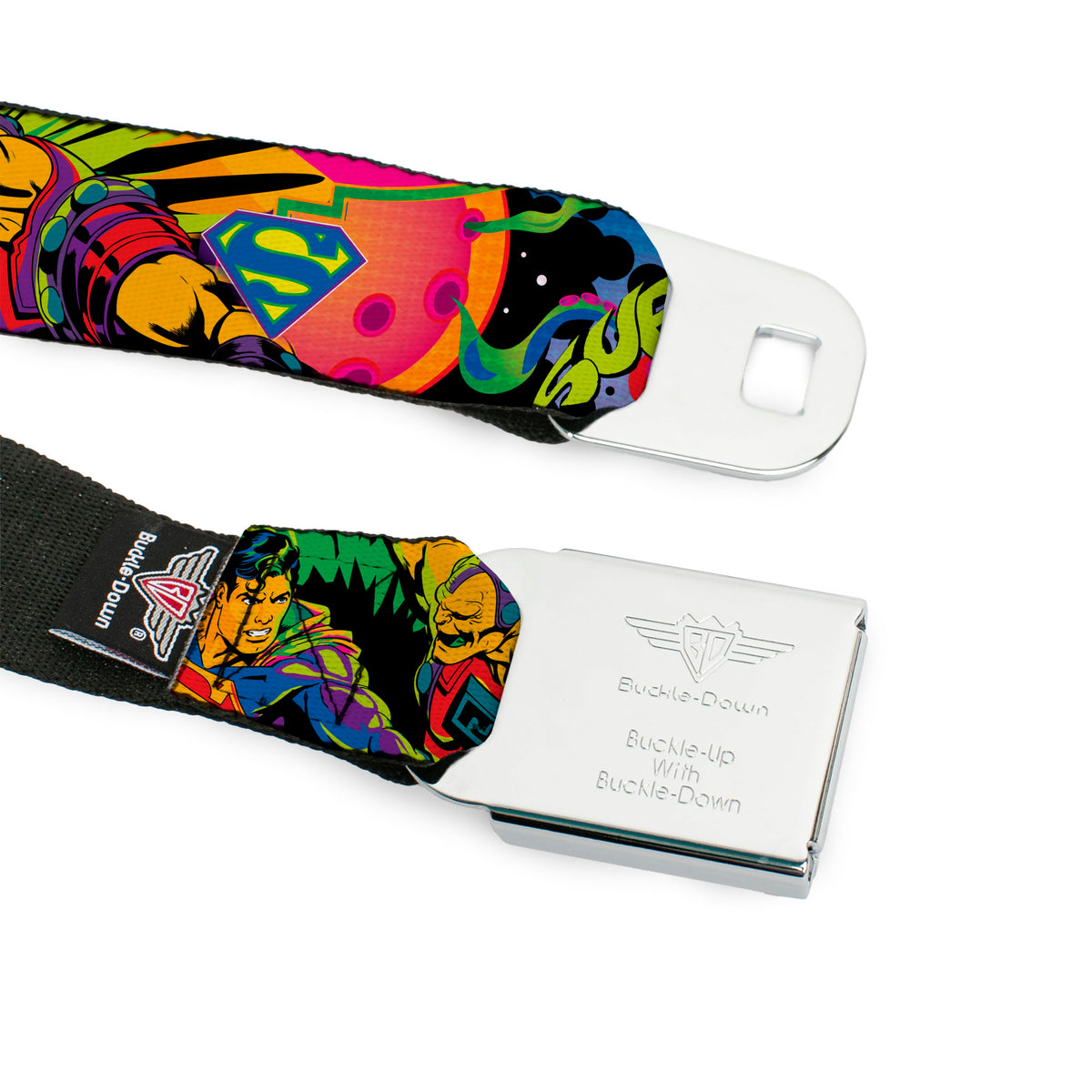 Superman Full Color Blue Seatbelt Belt - SUPERMAN Poses/Battling Mongul Black/Multi Neon Webbing Seatbelt Belts DC Comics
