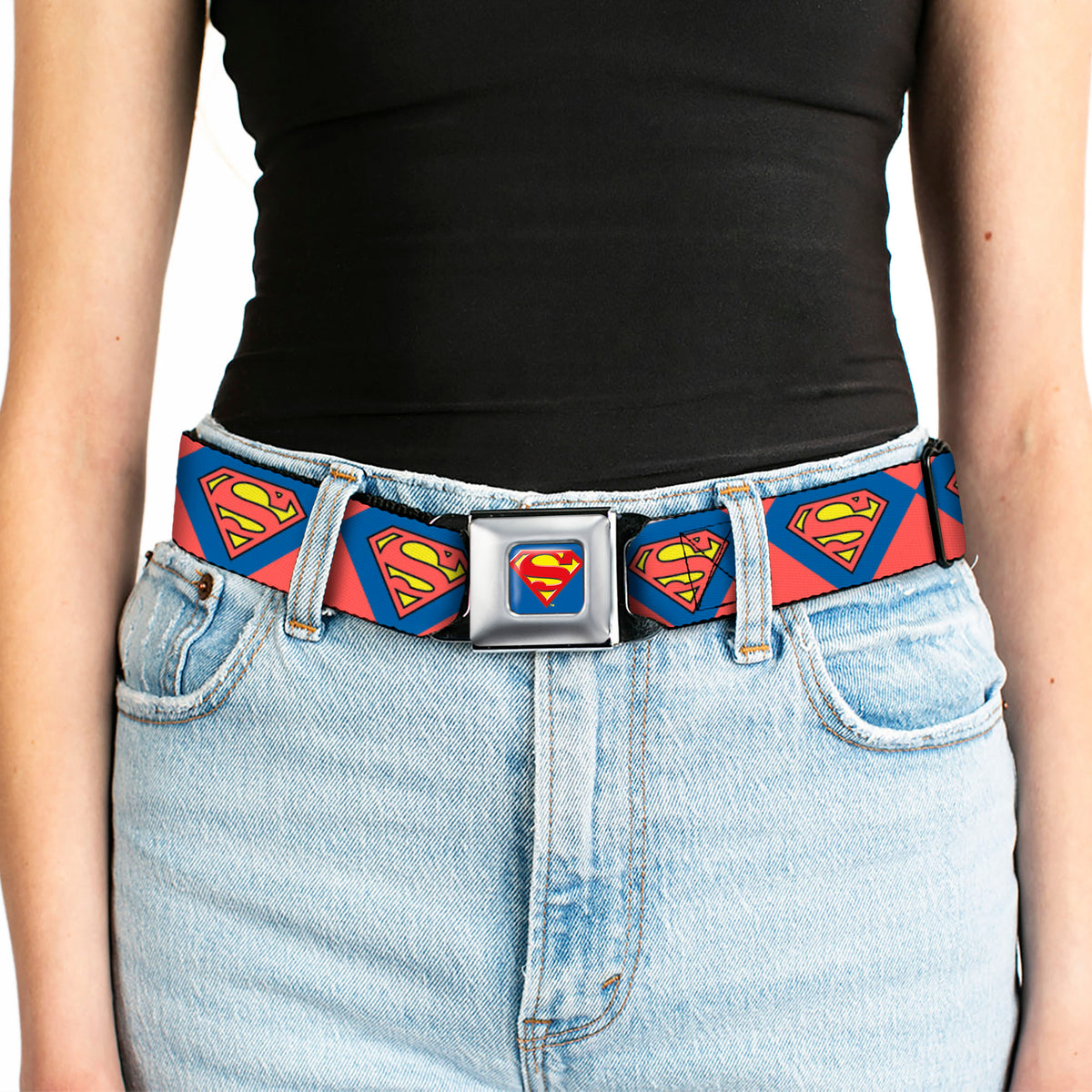 Superman Full Color Blue Seatbelt Belt - Superman Shield Diamond Outline Red/Blue/Yellow Webbing Seatbelt Belts DC Comics