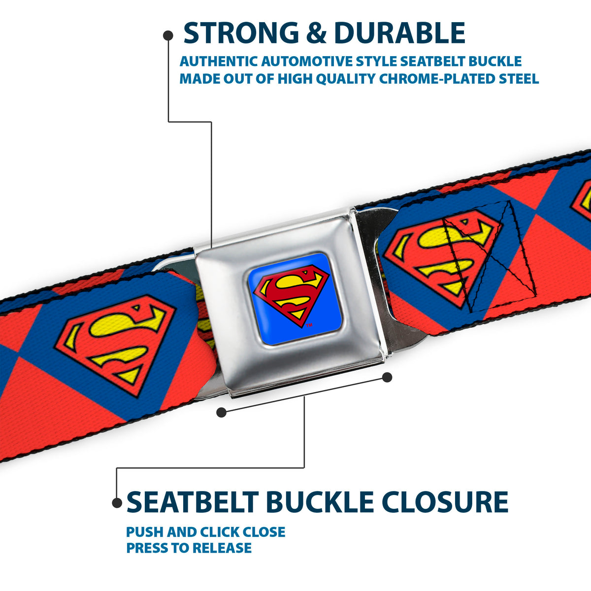 Superman Full Color Blue Seatbelt Belt - Superman Shield Diamond Outline Red/Blue/Yellow Webbing Seatbelt Belts DC Comics