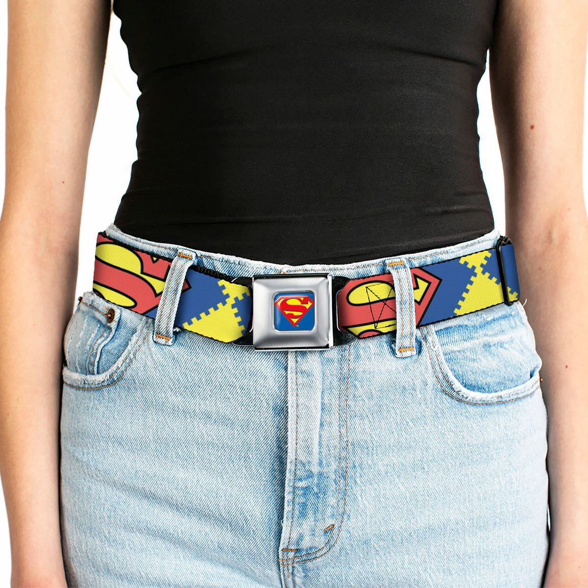 Superman Full Color Blue Seatbelt Belt - Jagged Superman Shield CLOSE-UP Yellow/Blue/Red Webbing Seatbelt Belts DC Comics