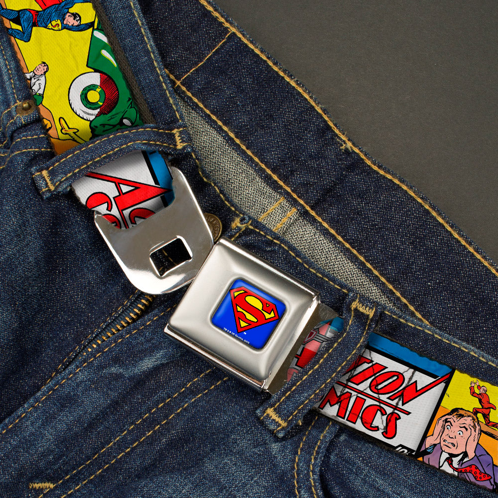 Superman Full Color Blue Seatbelt Belt - Classic ACTION COMICS Issue #1 Cover Superman Lifting Car Stacked Webbing Seatbelt Belts DC Comics