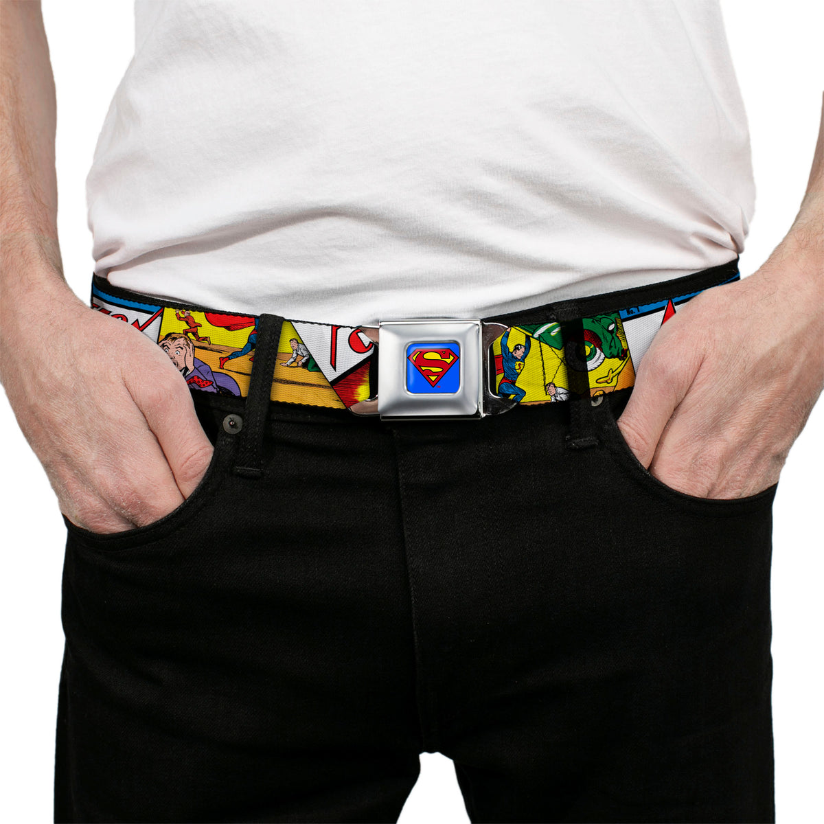Superman Full Color Blue Seatbelt Belt - Classic ACTION COMICS Issue #1 Cover Superman Lifting Car Stacked Webbing Seatbelt Belts DC Comics