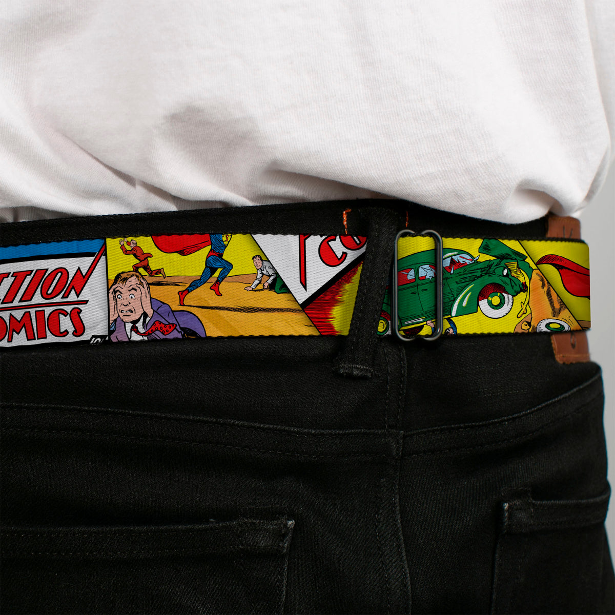 Superman Full Color Blue Seatbelt Belt - Classic ACTION COMICS Issue #1 Cover Superman Lifting Car Stacked Webbing Seatbelt Belts DC Comics