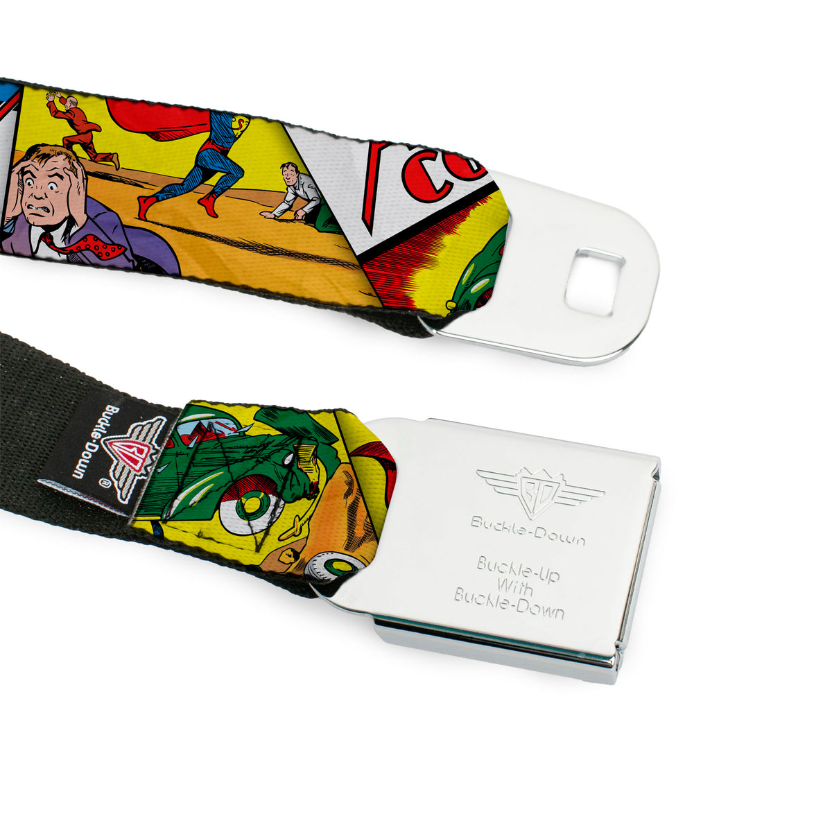 Superman Full Color Blue Seatbelt Belt - Classic ACTION COMICS Issue #1 Cover Superman Lifting Car Stacked Webbing Seatbelt Belts DC Comics