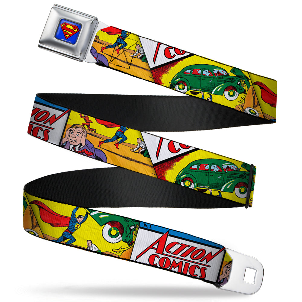 Superman Full Color Blue Seatbelt Belt - Classic ACTION COMICS Issue #1 Cover Superman Lifting Car Stacked Webbing Seatbelt Belts DC Comics