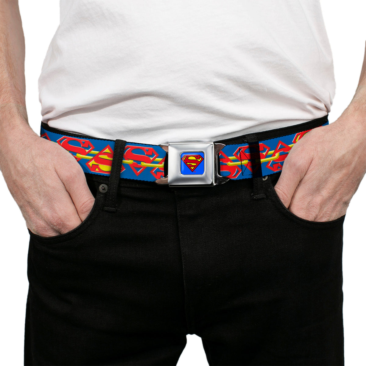 Superman Full Color Blue Seatbelt Belt - Superman Chained Shield Logo Flip Blue/Red/Yellow Webbing Seatbelt Belts DC Comics
