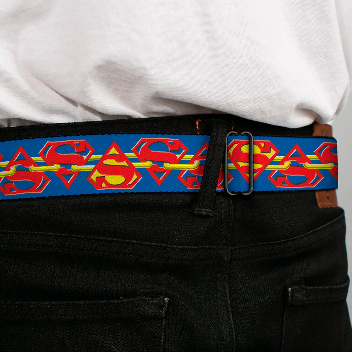Superman Full Color Blue Seatbelt Belt - Superman Chained Shield Logo Flip Blue/Red/Yellow Webbing Seatbelt Belts DC Comics
