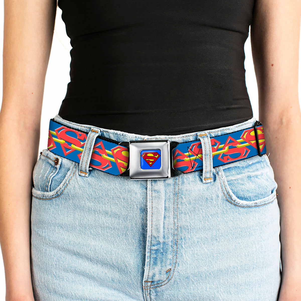 Superman Full Color Blue Seatbelt Belt - Superman Chained Shield Logo Flip Blue/Red/Yellow Webbing Seatbelt Belts DC Comics