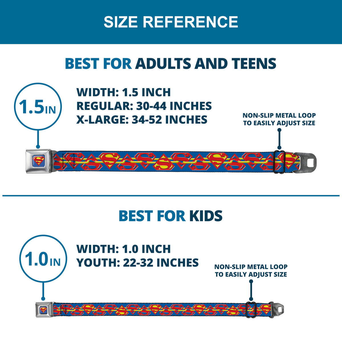 Superman Full Color Blue Seatbelt Belt - Superman Chained Shield Logo Flip Blue/Red/Yellow Webbing Seatbelt Belts DC Comics