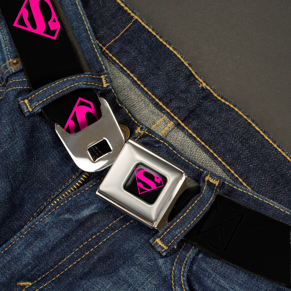Superman Shield Full Color Black Hot Pink Seatbelt Belt - Superman Shield Black/Hot Pink Webbing Seatbelt Belts DC Comics