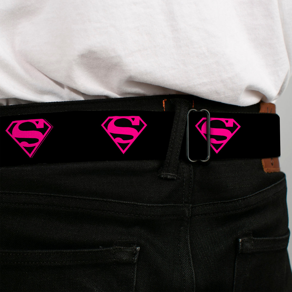 Superman Shield Full Color Black Hot Pink Seatbelt Belt - Superman Shield Black/Hot Pink Webbing Seatbelt Belts DC Comics