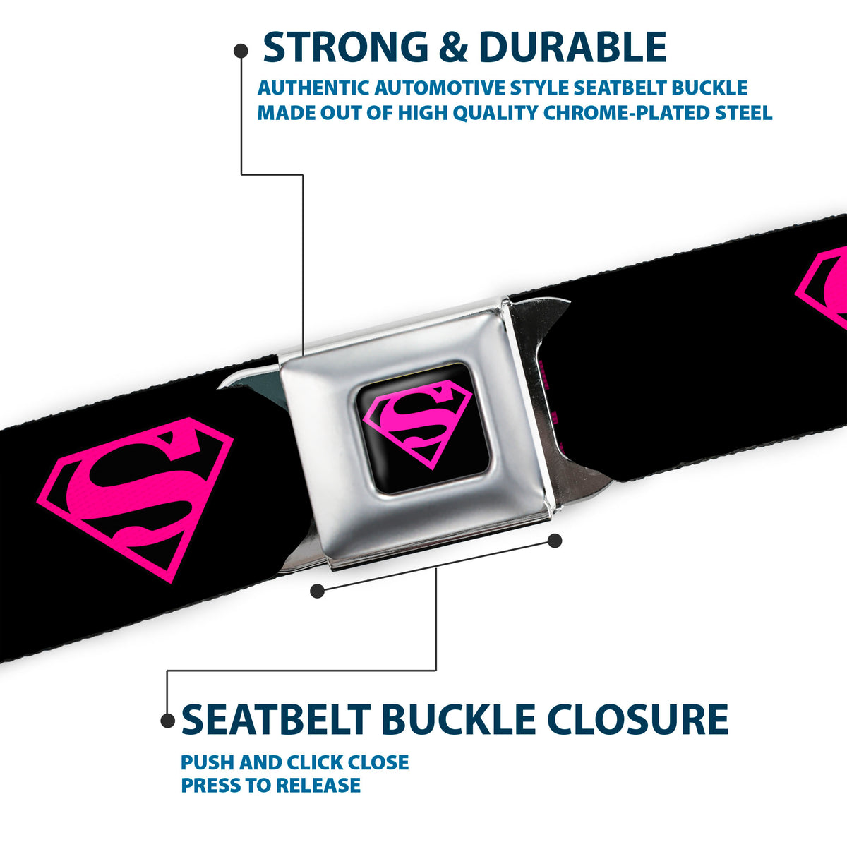 Superman Shield Full Color Black Hot Pink Seatbelt Belt - Superman Shield Black/Hot Pink Webbing Seatbelt Belts DC Comics
