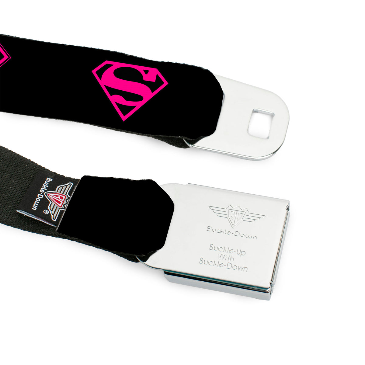 Superman Shield Full Color Black Hot Pink Seatbelt Belt - Superman Shield Black/Hot Pink Webbing Seatbelt Belts DC Comics