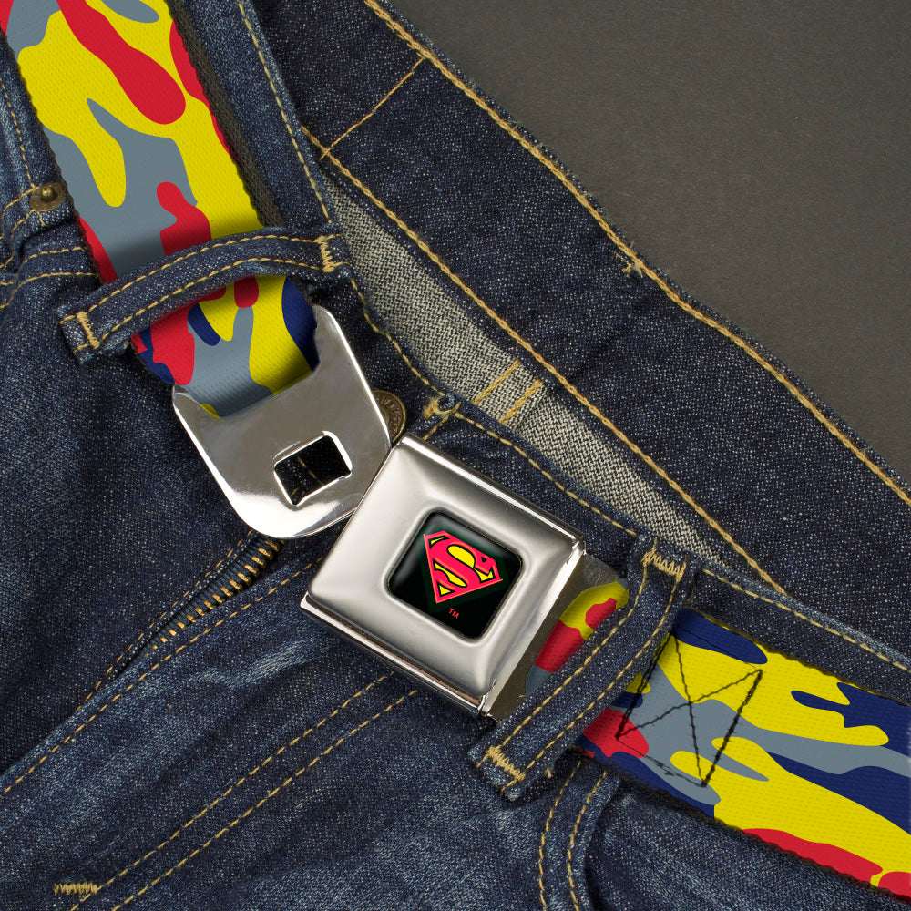 Superman Shadow Shield Full Color Black/Red/Yellow Seatbelt Belt - Superman Camo Yellow/Red/Blue/Gray Webbing Seatbelt Belts DC Comics