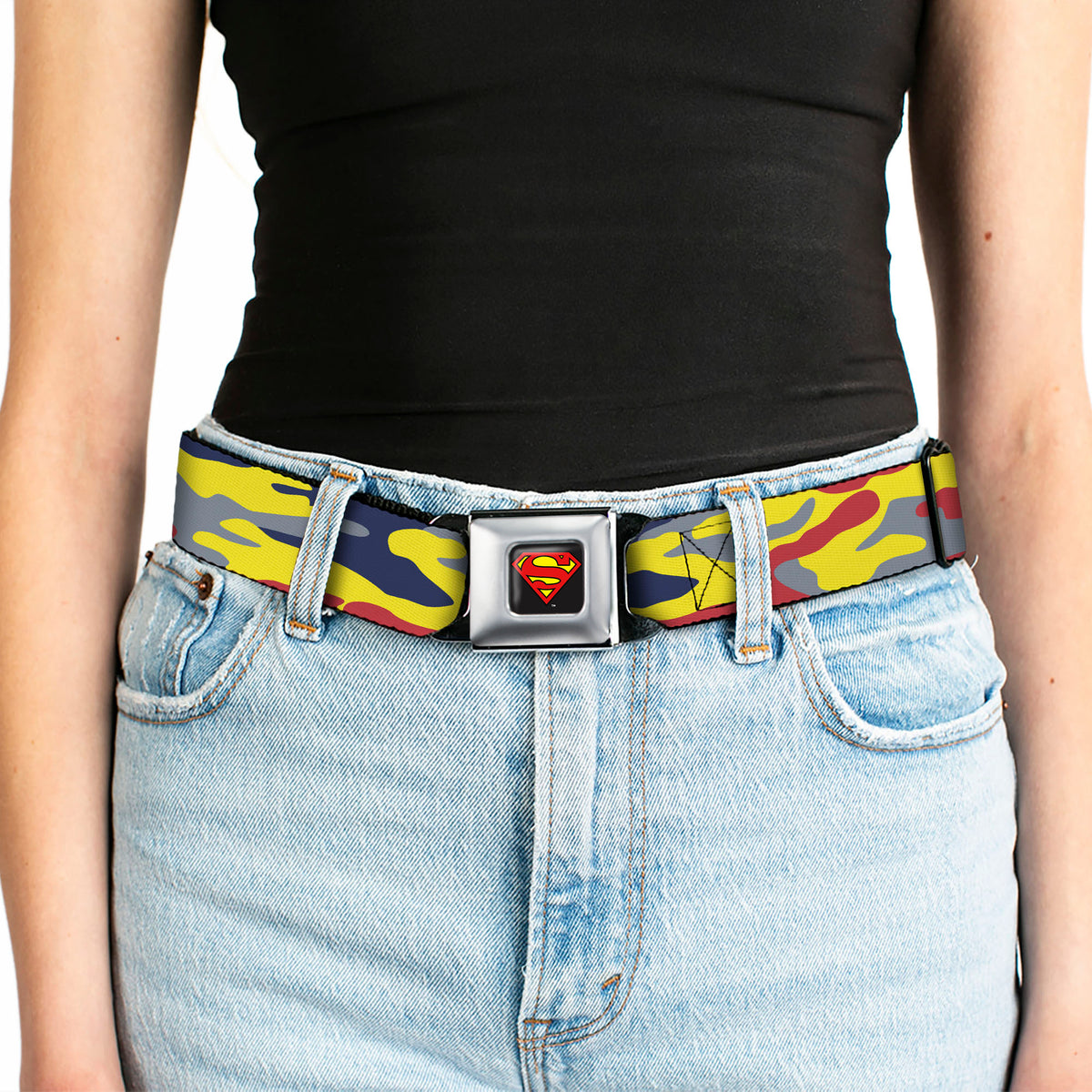 Superman Shadow Shield Full Color Black/Red/Yellow Seatbelt Belt - Superman Camo Yellow/Red/Blue/Gray Webbing Seatbelt Belts DC Comics