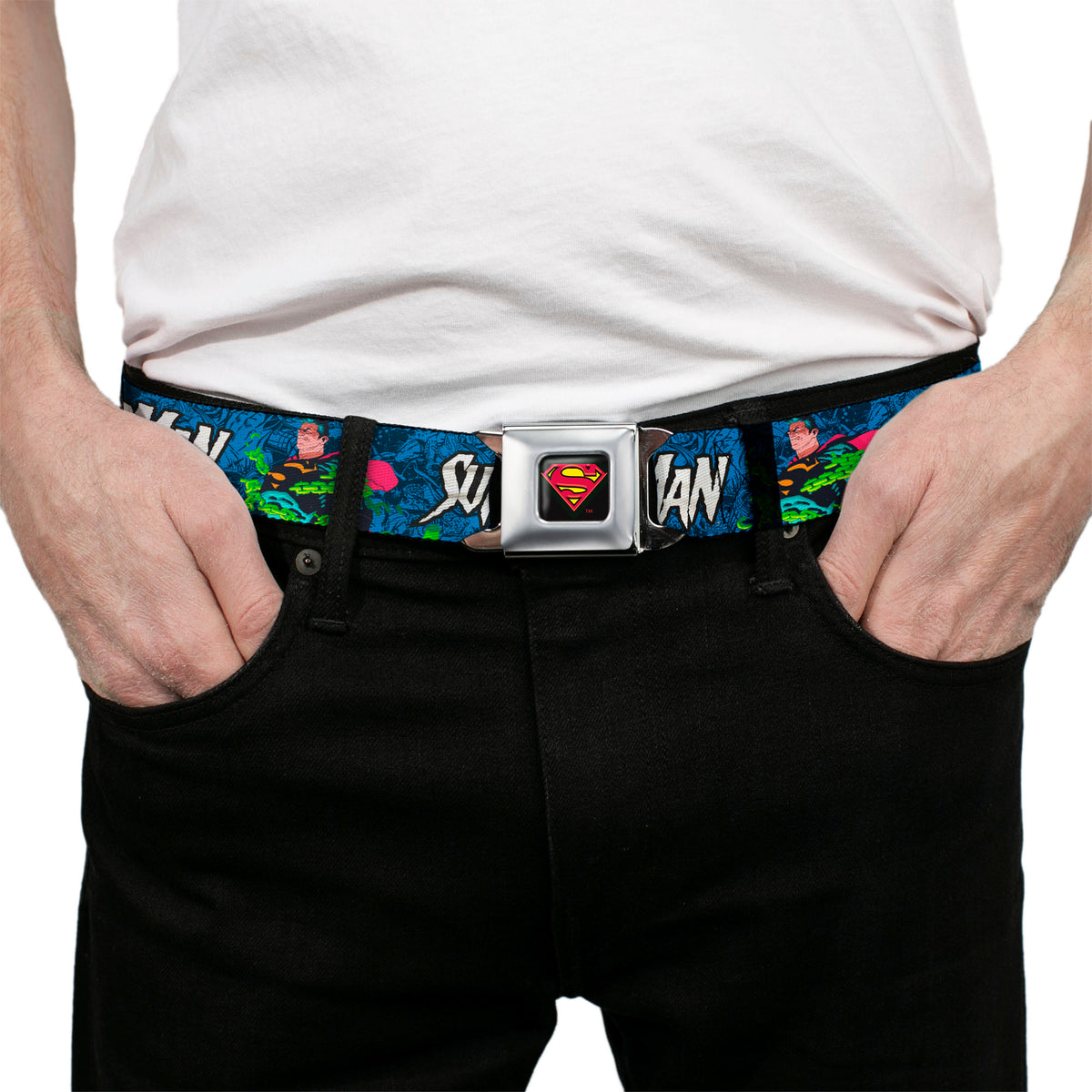 Superman Shield Logo Full Color Black Seatbelt Belt - SUPERMAN Breaking Chains Force for Good Pose and Text Blues Webbing Seatbelt Belts DC Comics