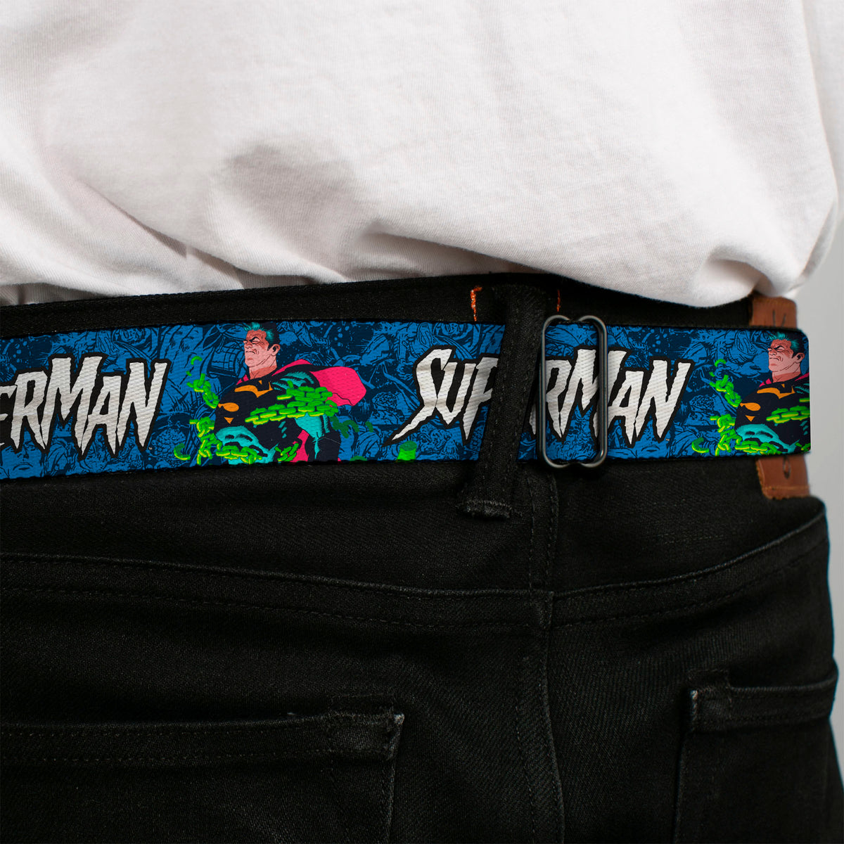 Superman Shield Logo Full Color Black Seatbelt Belt - SUPERMAN Breaking Chains Force for Good Pose and Text Blues Webbing Seatbelt Belts DC Comics