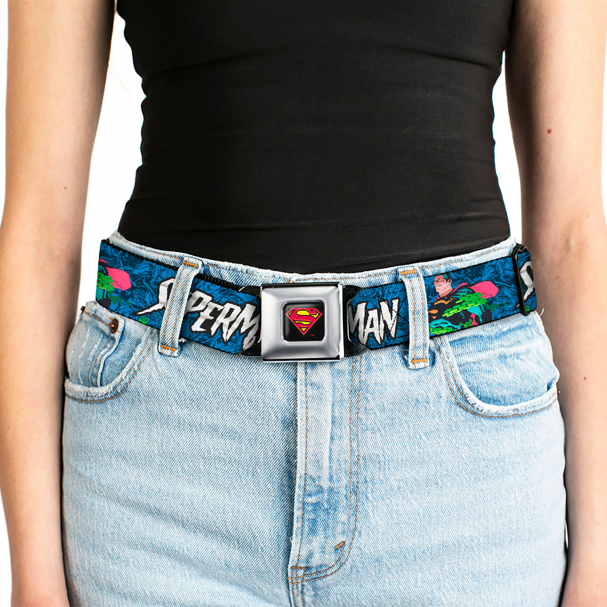 Superman Shield Logo Full Color Black Seatbelt Belt - SUPERMAN Breaking Chains Force for Good Pose and Text Blues Webbing Seatbelt Belts DC Comics