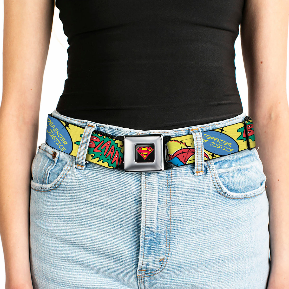 Superman Shield Logo Full Color Black Seatbelt Belt - SUPERMAN Pose Quotes and Icons Collage Yellow/Multi Color Webbing Seatbelt Belts DC Comics