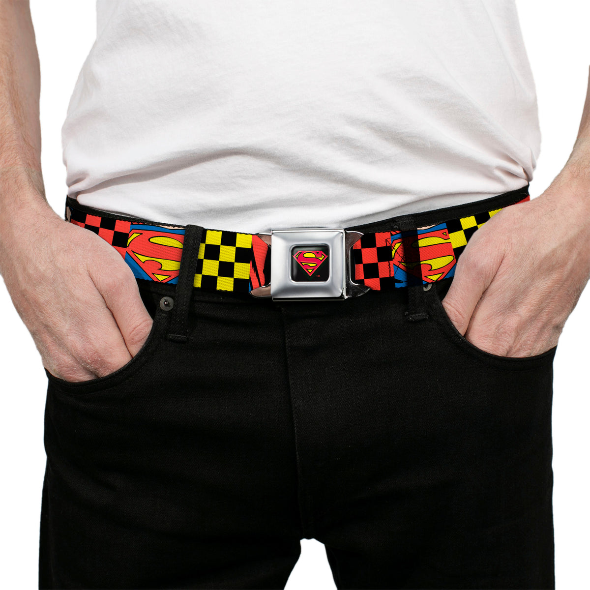 Superman Shield Logo Full Color Black Seatbelt Belt - Superman Character Close-Up and Checker Blocks Multi Color Webbing Seatbelt Belts DC Comics