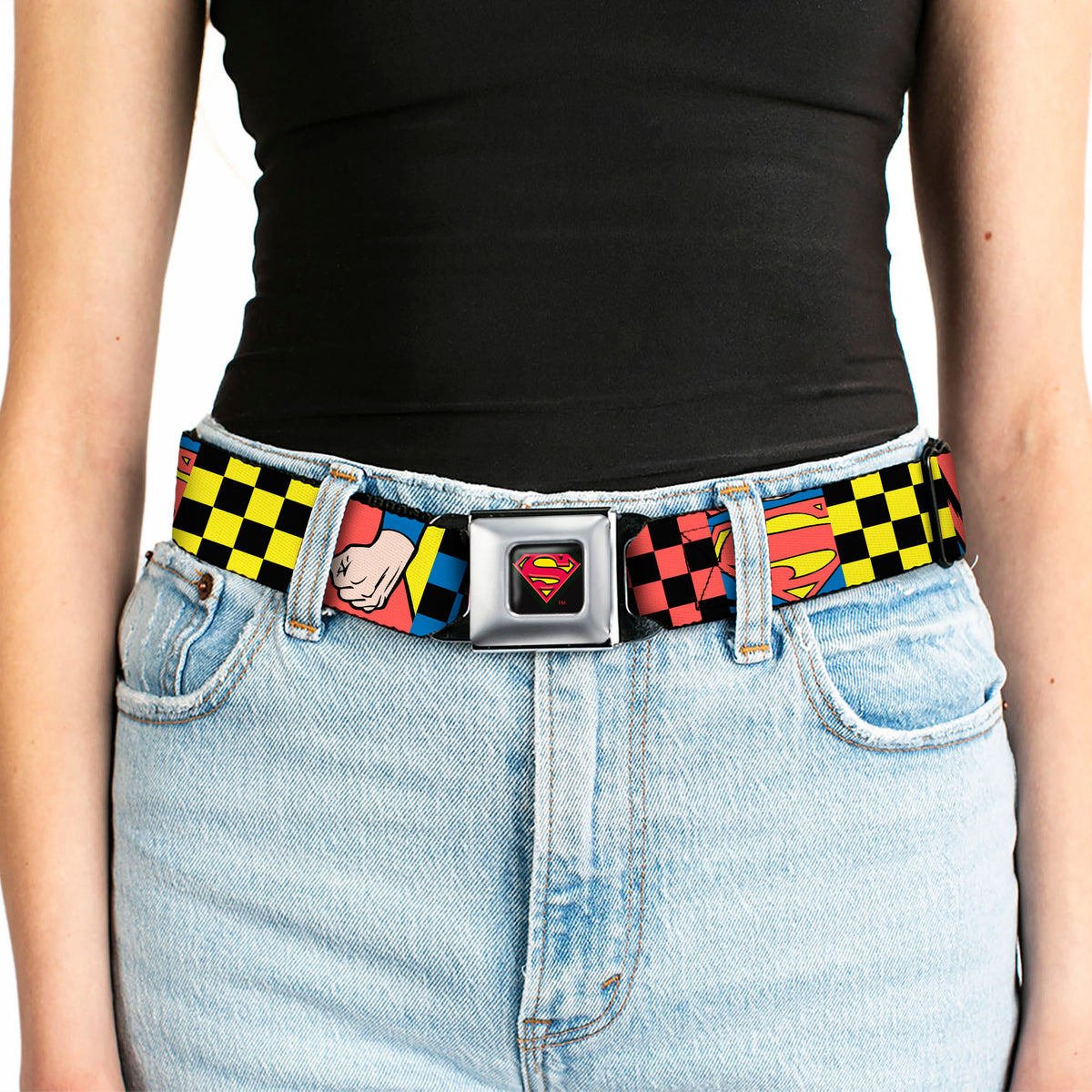 Superman Shield Logo Full Color Black Seatbelt Belt - Superman Character Close-Up and Checker Blocks Multi Color Webbing Seatbelt Belts DC Comics
