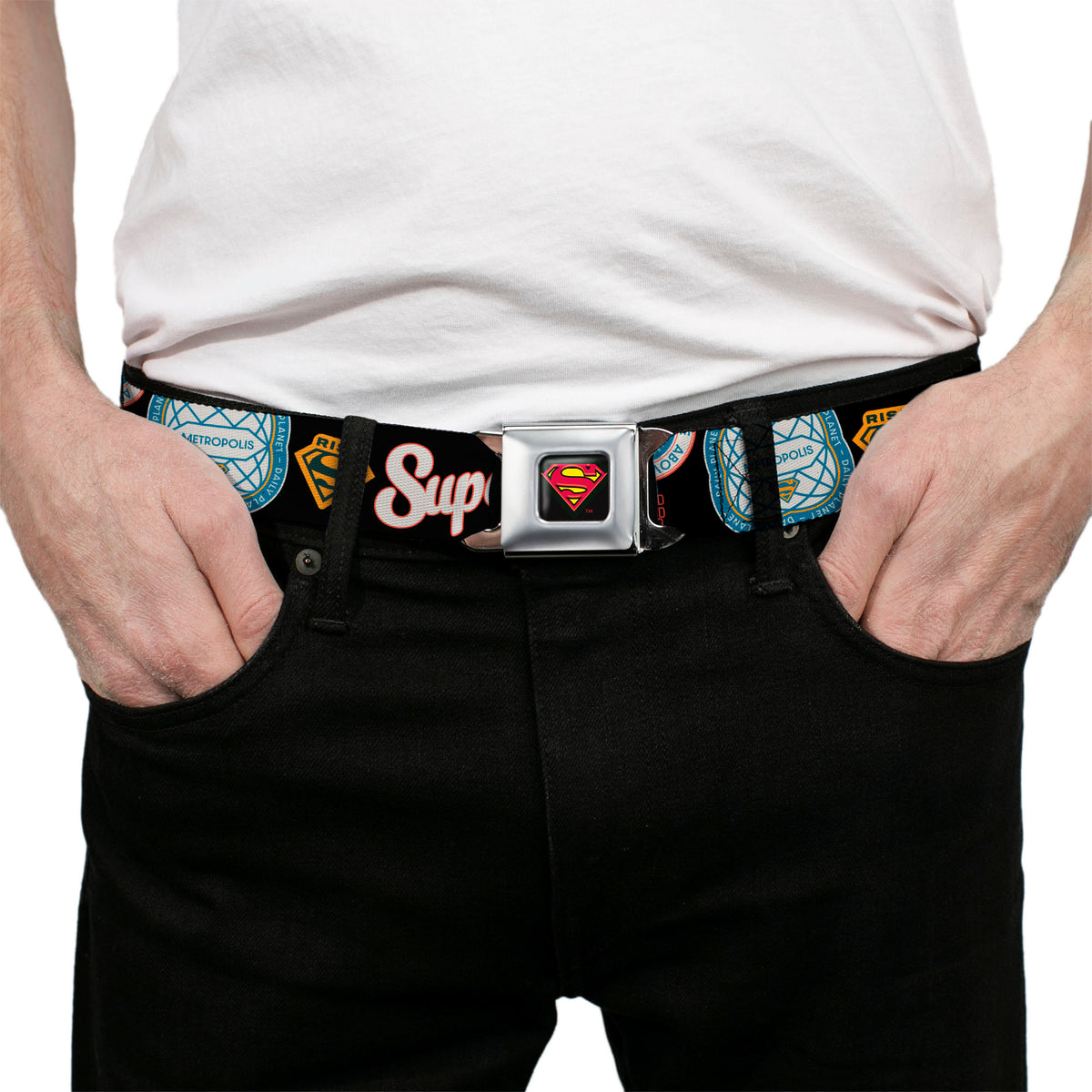 Superman Shield Logo Full Color Black Seatbelt Belt - SUPERMAN Icons and Text Collage Black/Multi Color Webbing Seatbelt Belts DC Comics