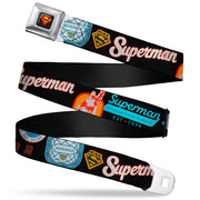 Superman Shield Logo Full Color Black Seatbelt Belt - SUPERMAN Icons and Text Collage Black/Multi Color Webbing Seatbelt Belts DC Comics
