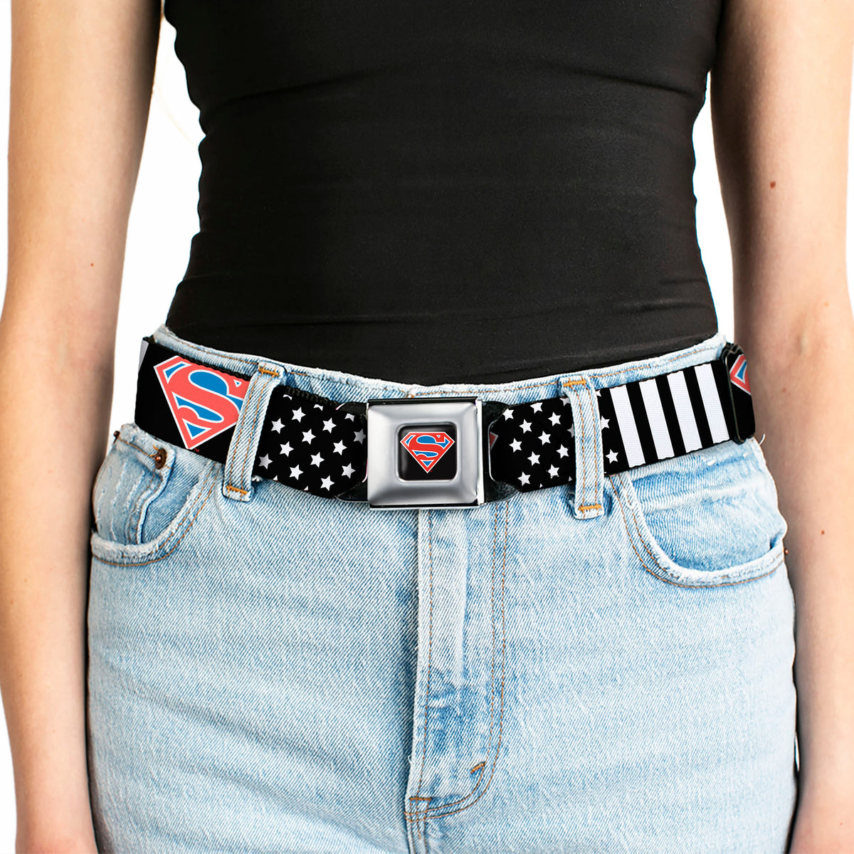 Superman Shield Full Color Black/White/Red/Blue Seatbelt Belt - Superman Shield Americana Stars and Stripes Black/White/Red/Blue Webbing Seatbelt Belts DC Comics