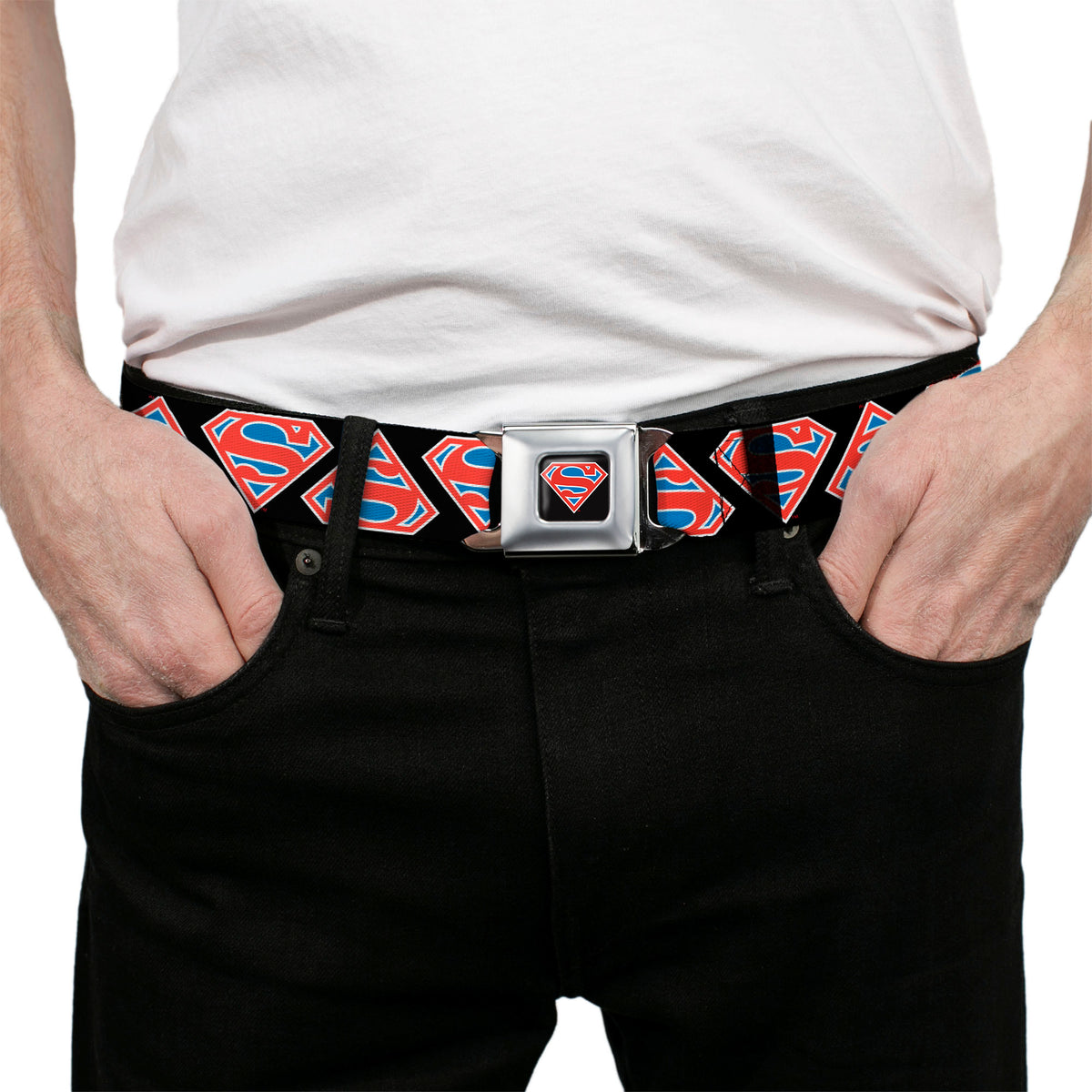 Superman Shield Full Color Black/White/Red/Blue Seatbelt Belt - Superman Shield Flip Americana Black/White/Red/Blue Webbing Seatbelt Belts DC Comics