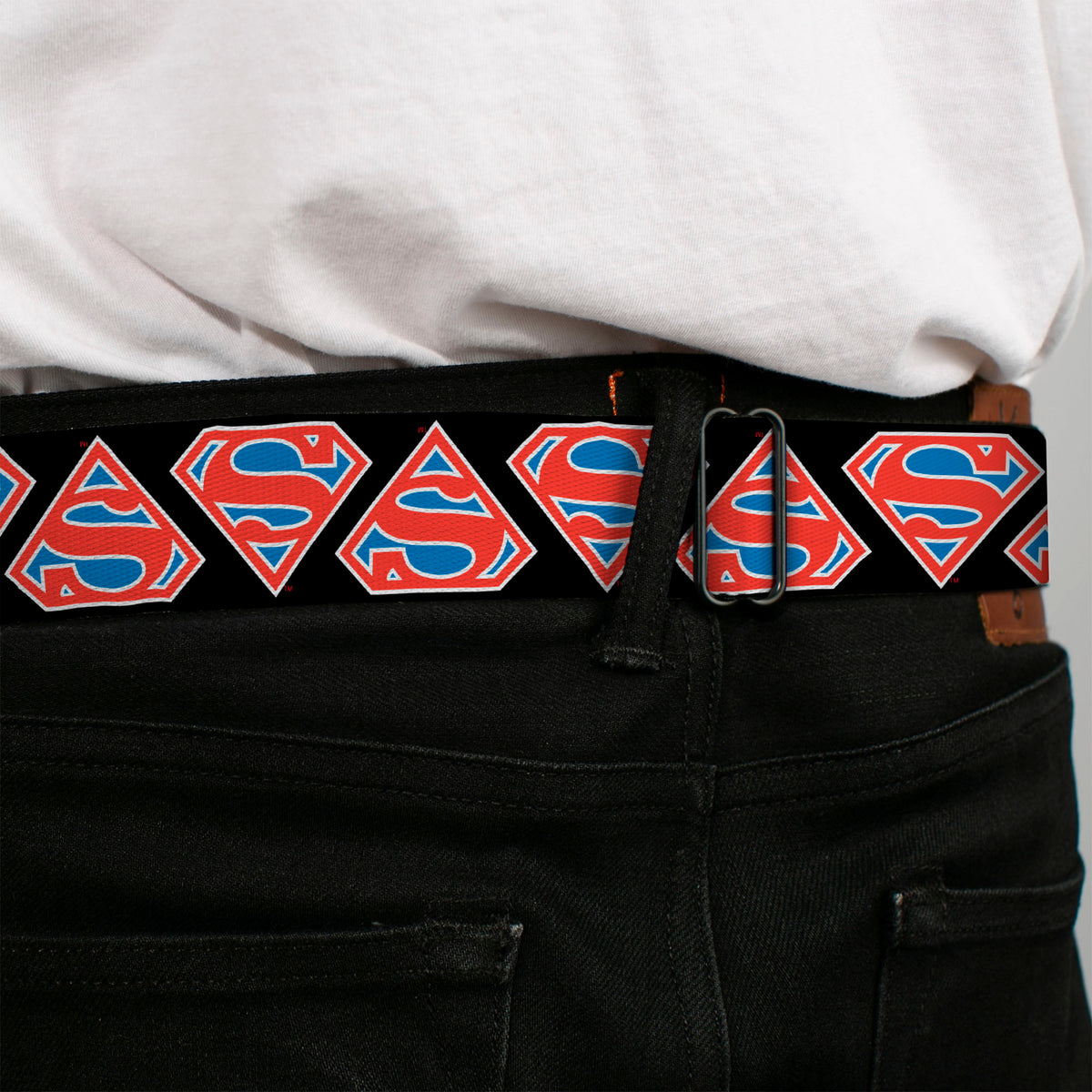 Superman Shield Full Color Black/White/Red/Blue Seatbelt Belt - Superman Shield Flip Americana Black/White/Red/Blue Webbing Seatbelt Belts DC Comics