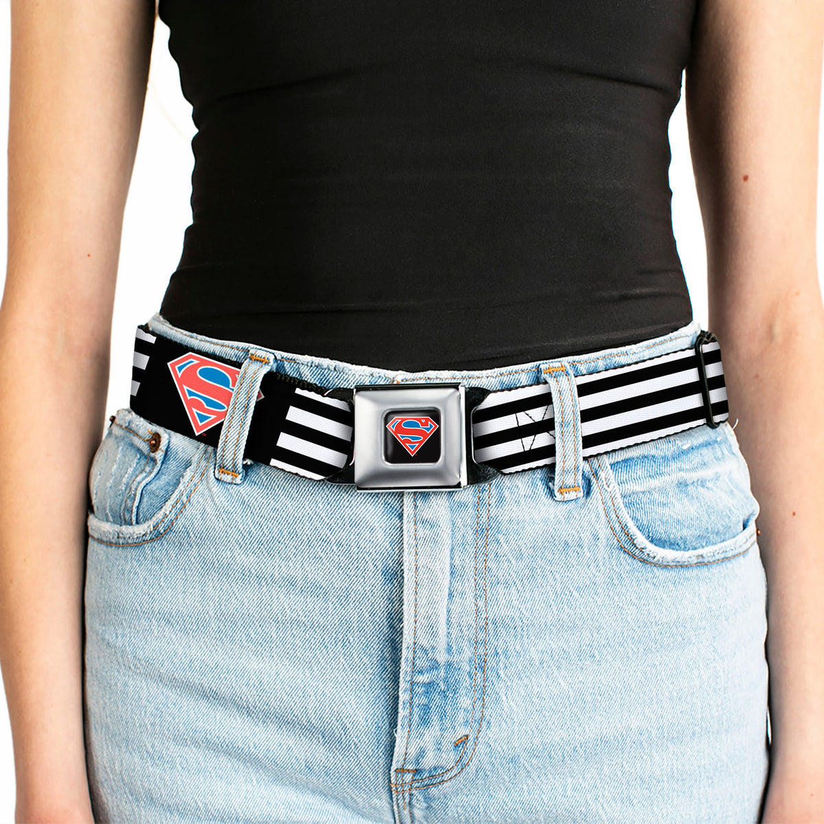 Superman Shield Full Color Black/White/Red/Blue Seatbelt Belt - Superman Shield Flip Americana Stripes Black/White/Red/Blue Webbing Seatbelt Belts DC Comics