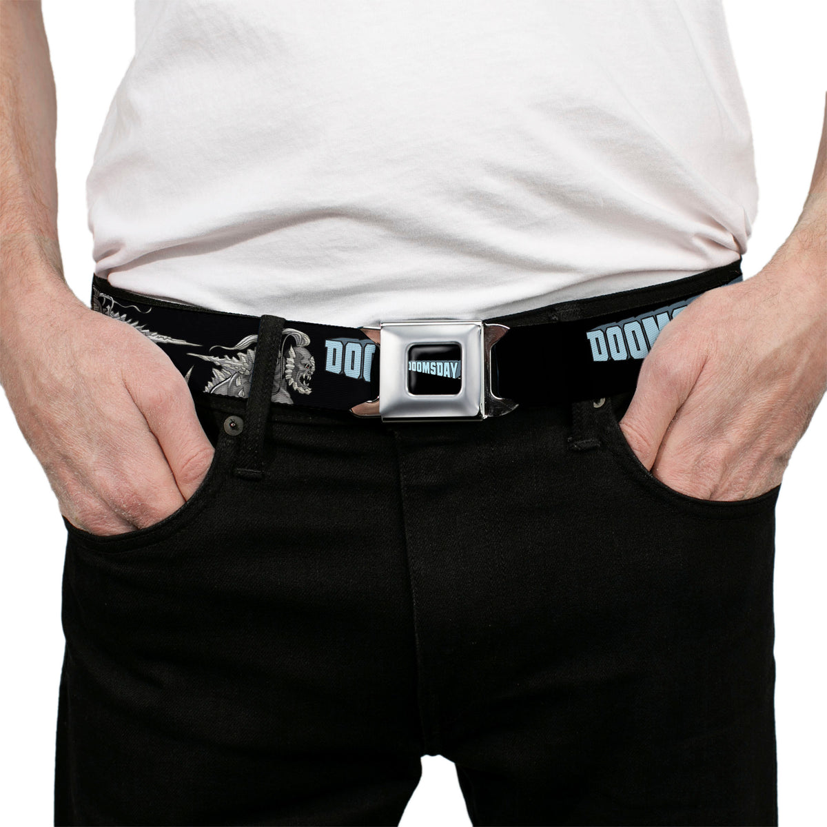 DOOMSDAY Title Logo Full Color Black Seatbelt Belt - DC Superman Villain DOOMSDAY Pose and Title Logo Black Webbing Seatbelt Belts DC Comics