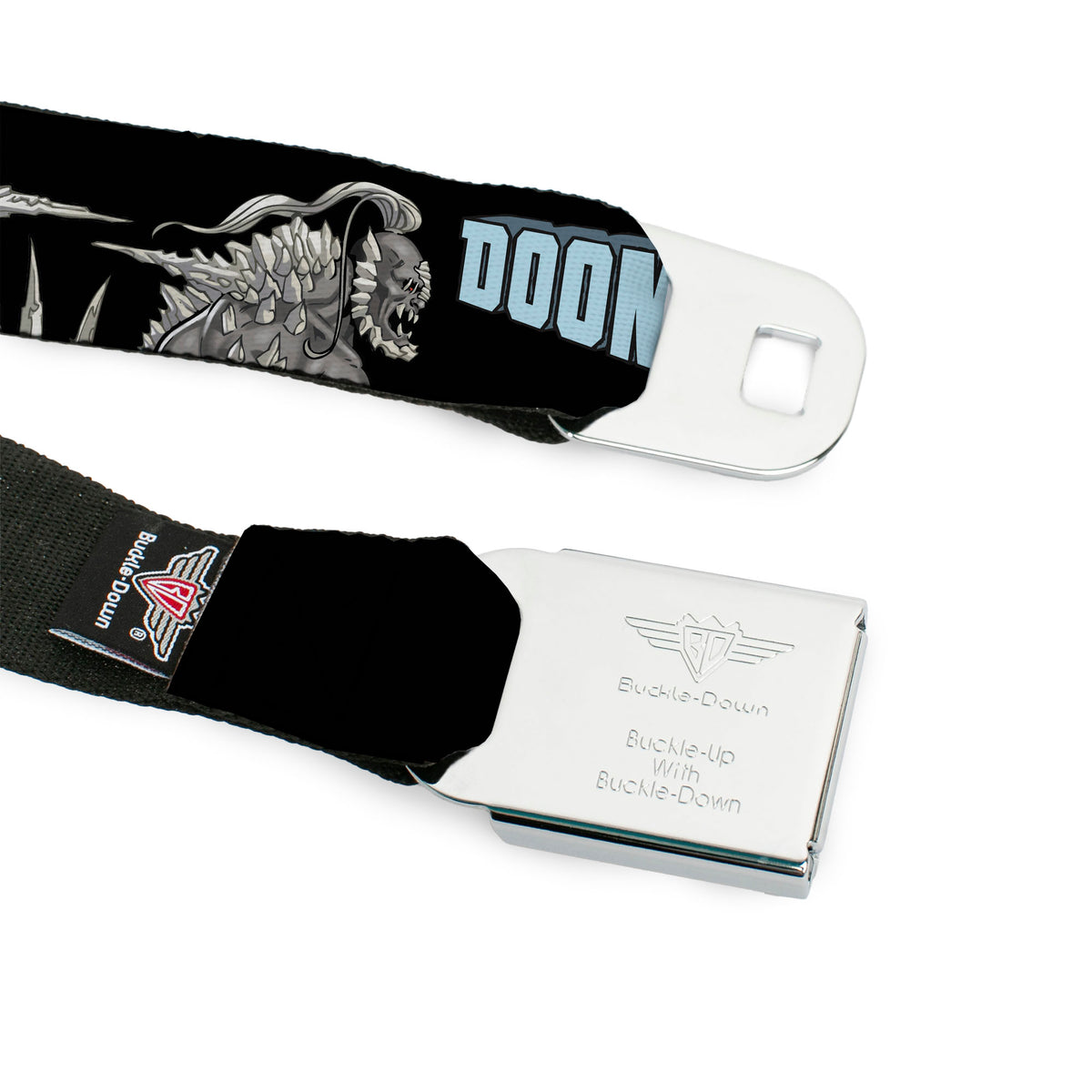 DOOMSDAY Title Logo Full Color Black Seatbelt Belt - DC Superman Villain DOOMSDAY Pose and Title Logo Black Webbing Seatbelt Belts DC Comics