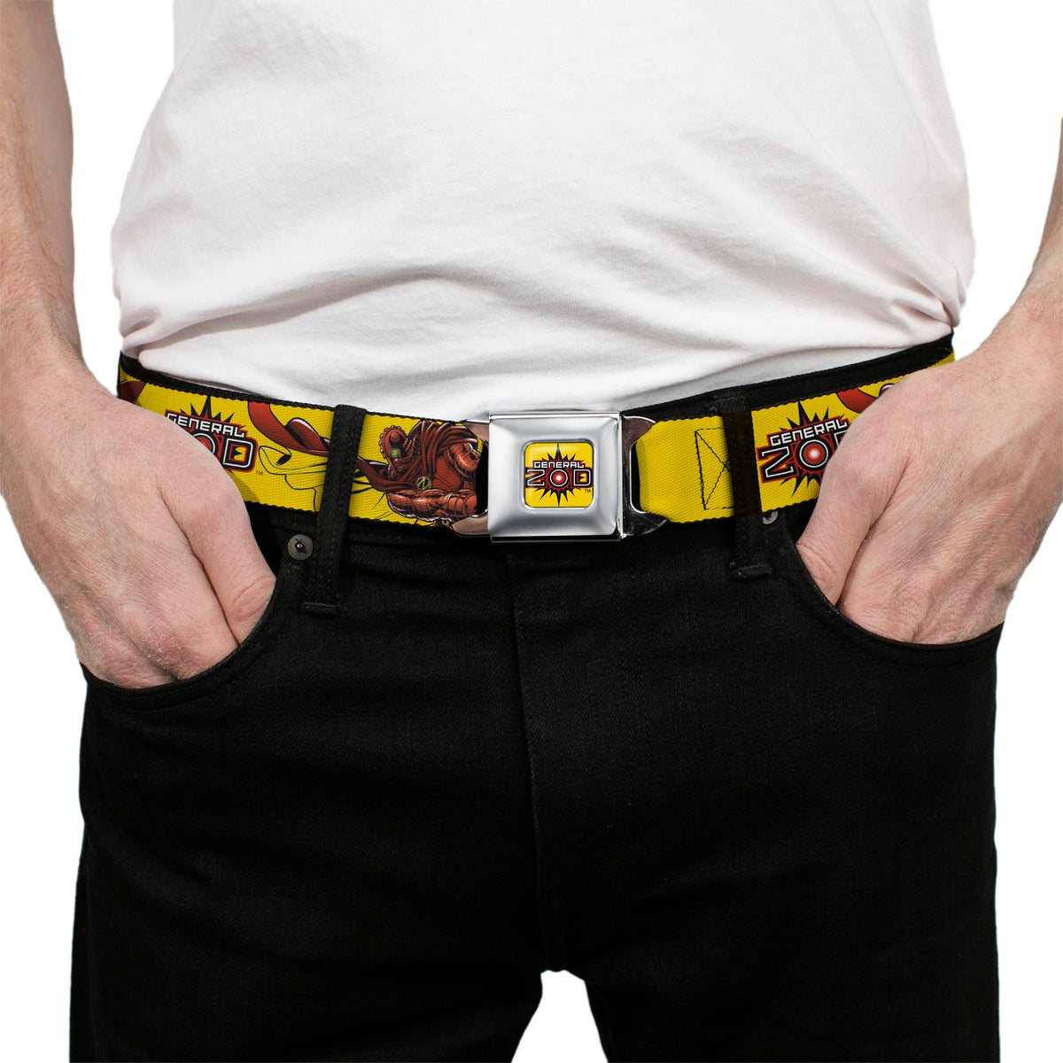 GENERAL ZOD Title Logo Full Color Yellow Seatbelt Belt - DC Superman Villain GENERAL ZOD Poses and Text Yellow/Red Webbing Seatbelt Belts DC Comics