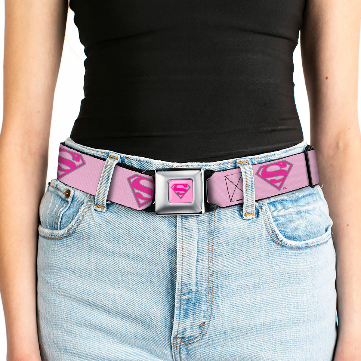 Superman Full Color Pink Seatbelt Belt - Superman Shield Pink Webbing Seatbelt Belts DC Comics