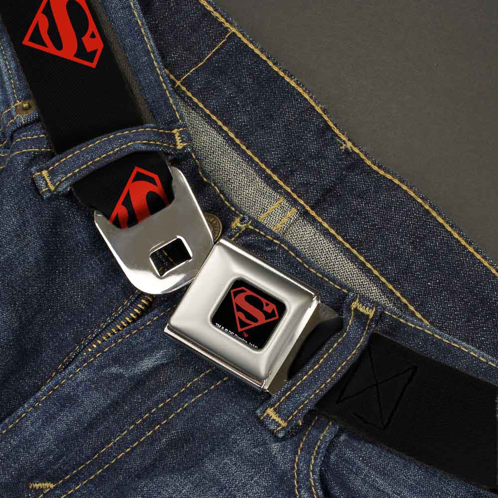Superboy Shield Full Color Black/Red Seatbelt Belt - Superboy Shield Black/Red Webbing Seatbelt Belts DC Comics