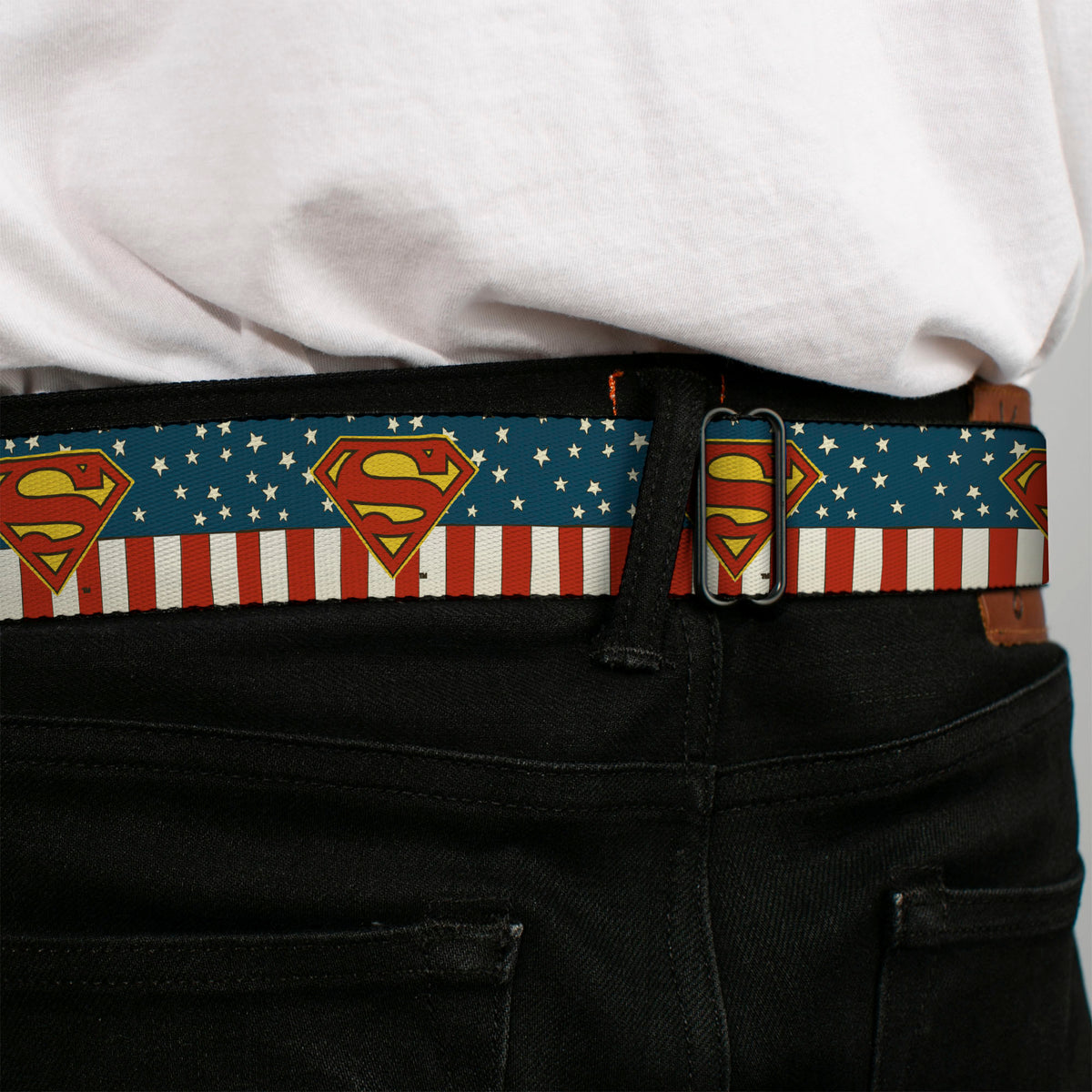 Superman Shield Full Color Americana Blue Seatbelt Belt - Superman Shield Americana Red/White/Blue/Yellow Webbing Seatbelt Belts DC Comics