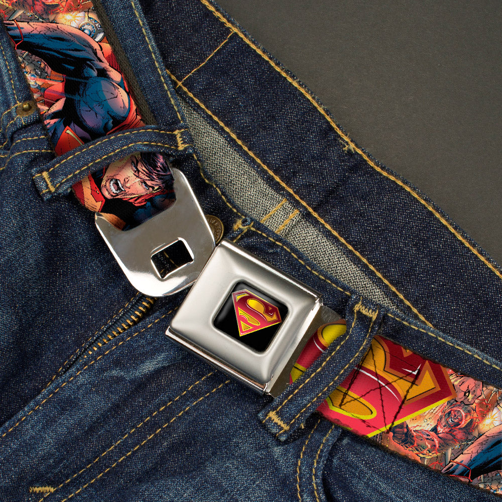 Superman Shield Full Color Black Golds Reds White Seatbelt Belt - Superman Unchained Explosion Action Pose/Wraith/Shield Golds/Reds Webbing Seatbelt Belts DC Comics