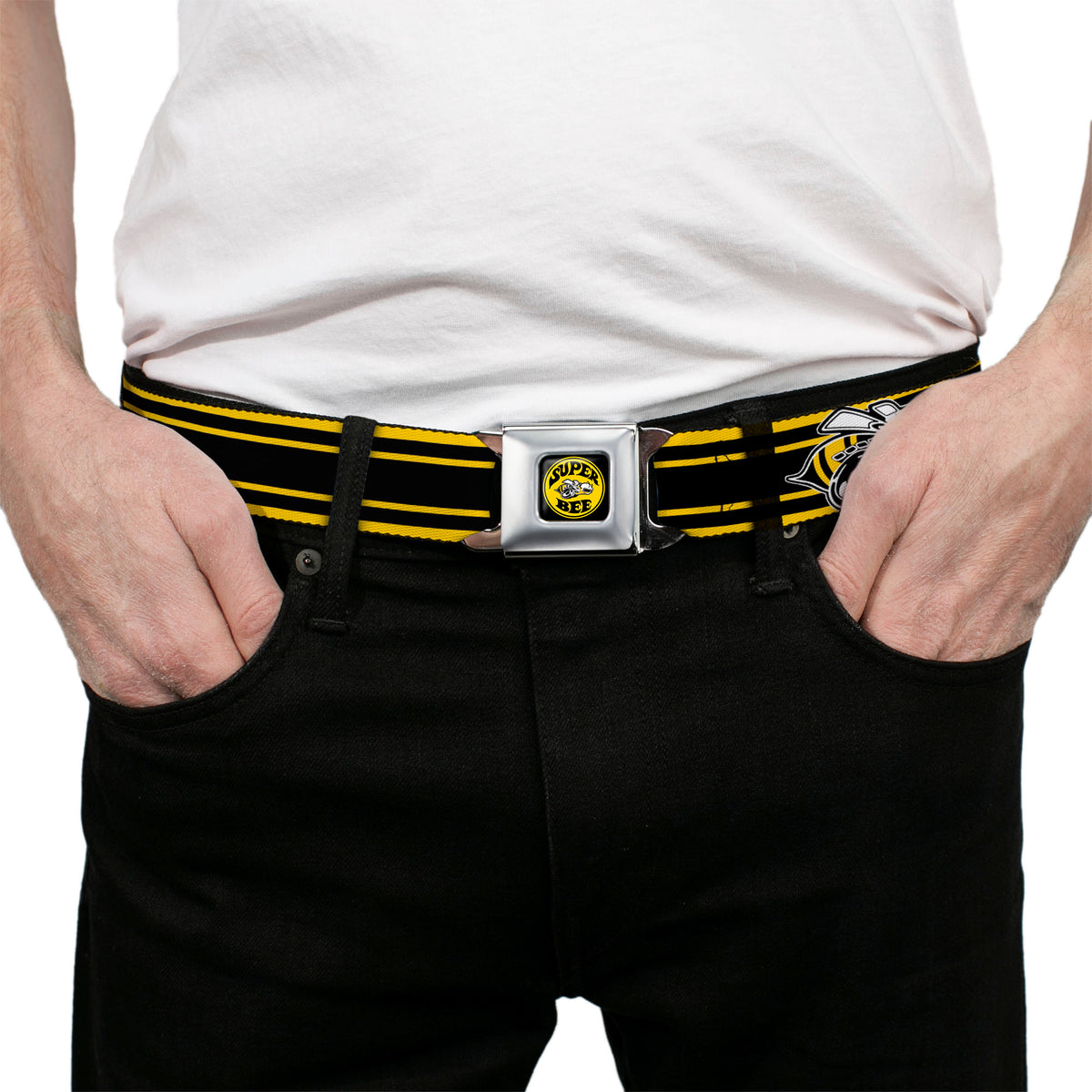 SUPER BEE Logo Full Color Black Yellow White Seatbelt Belt - SUPER BEE Logo/Stripes Black/Yellow/White Webbing Seatbelt Belts Dodge