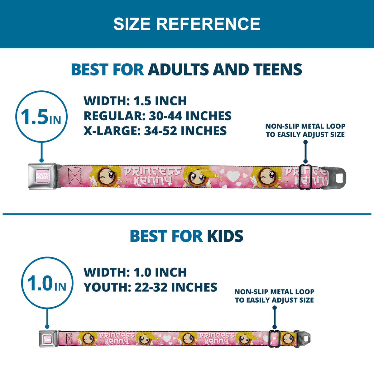 SOUTH PARK Title Logo Full Color Pink/White Seatbelt Belt - South Park PRINCESS KENNY Poses and Text Pinks/White Webbing Seatbelt Belts South Park