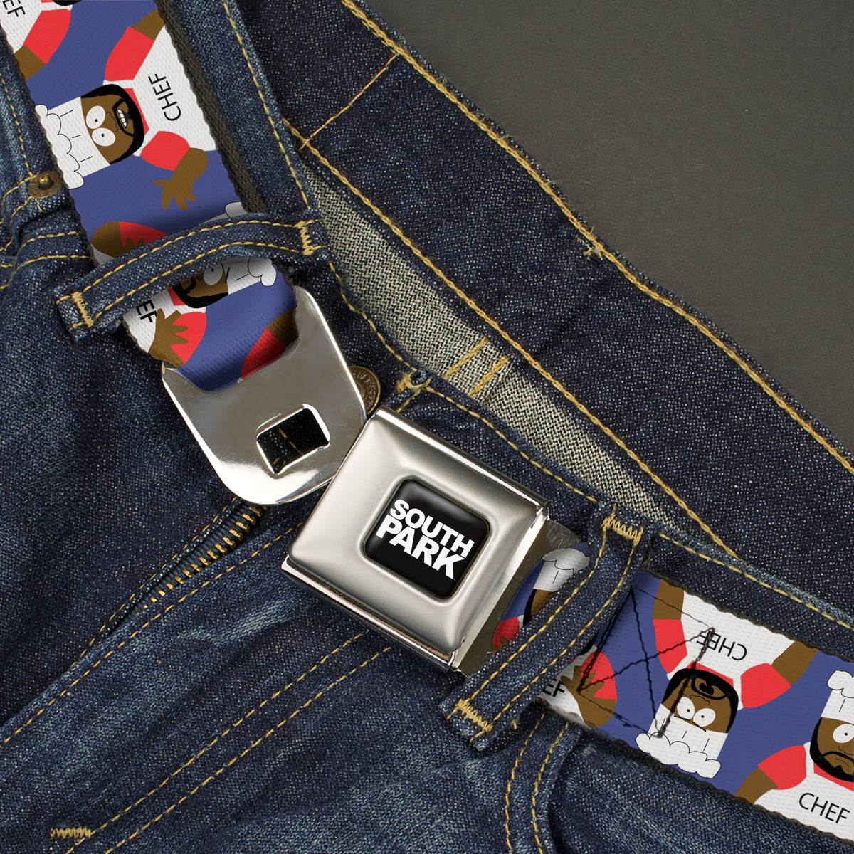SOUTH PARK Title Logo Full Color Black/White Seatbelt Belt - South Park Chef Pose Flips Blue Webbing Seatbelt Belts South Park