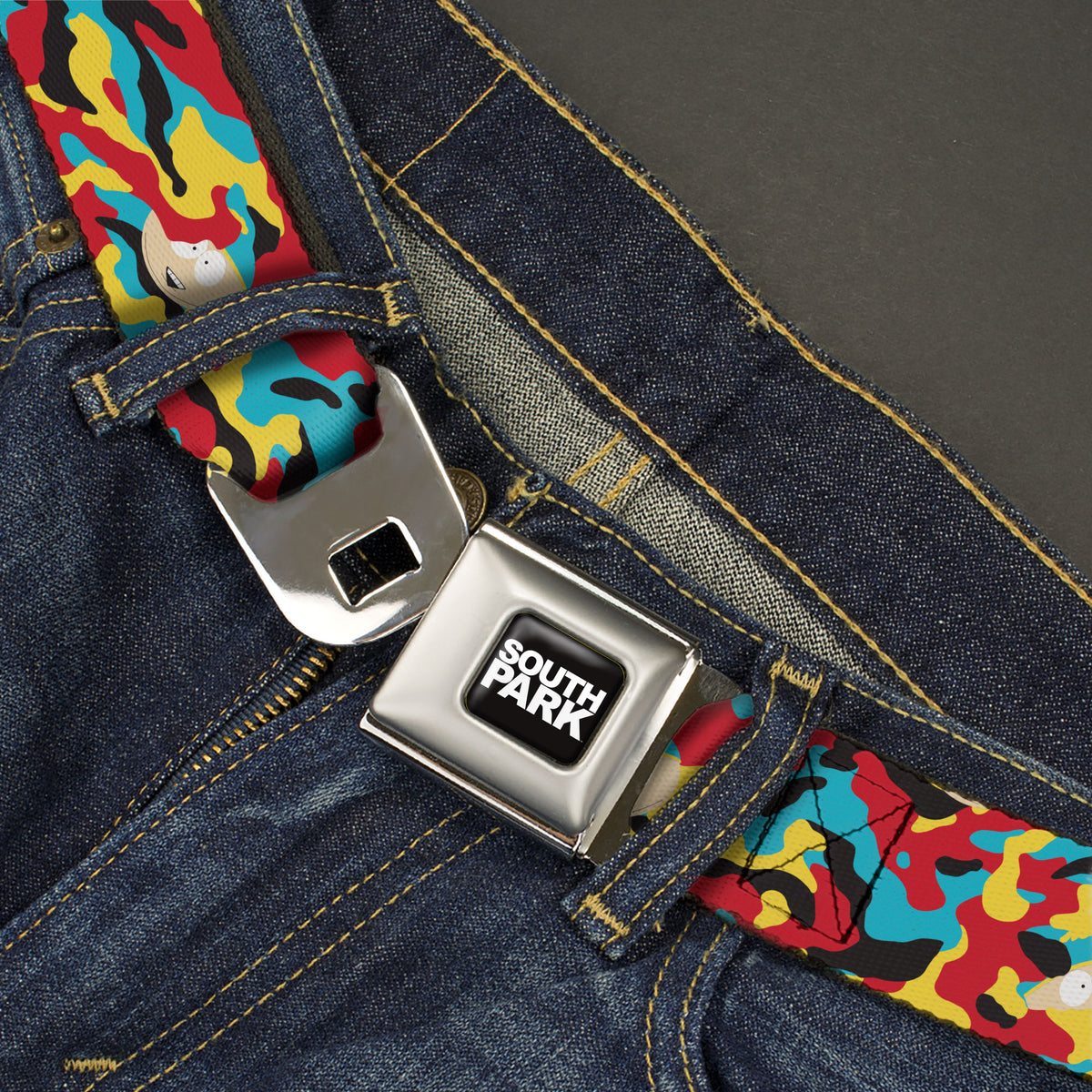 SOUTH PARK Title Logo Full Color Black/White Seatbelt Belt - South Park Cartman Camo Black/Red/Yellow/Blue Webbing Seatbelt Belts South Park